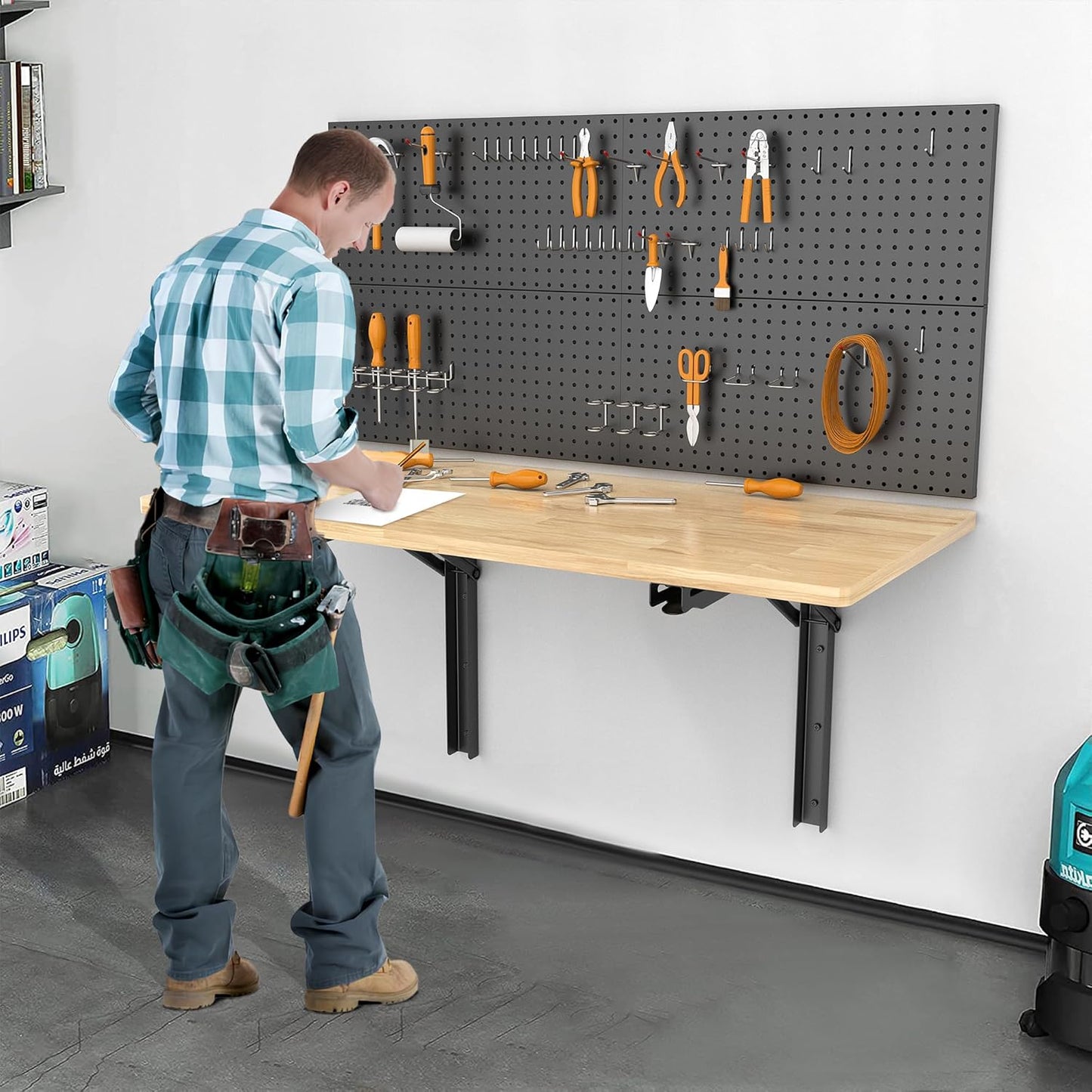 Ultrawall Wall Mounted Folding Workbench, Heavy Duty Foldable Work Table, Collapsible Desk for Workshop, Garage, Office, Home, Holds Up to 550LBS, 32”X18”