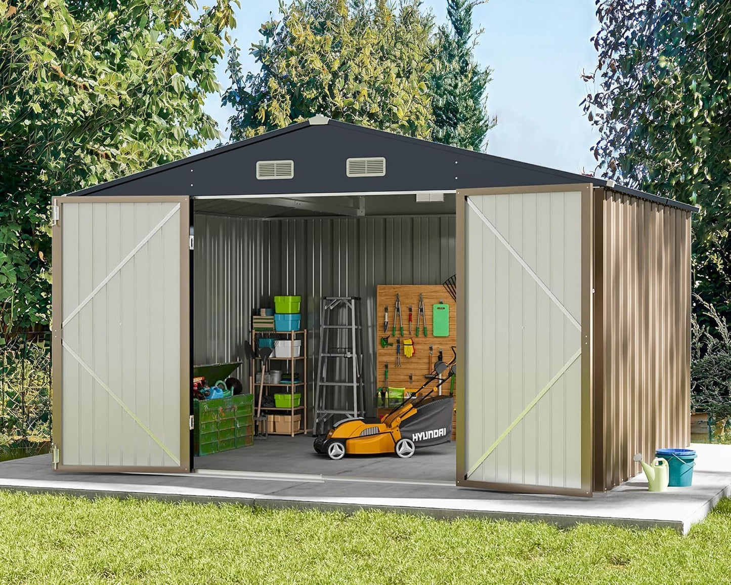 Greesum 10x8FT Outdoor Storage Shed, Utility Tool Shed with Sloping Roof, Metal Storaged Garden Shed with Door & Lock for Patio Storage, Brown