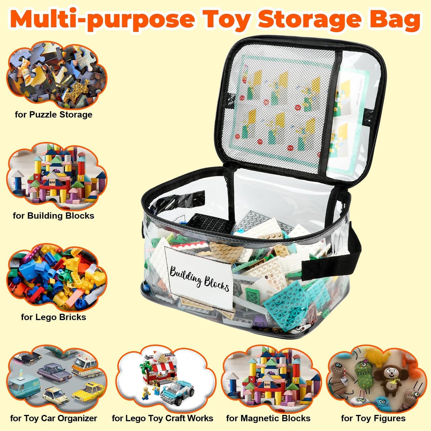 8 Pack Clear Toy Storage Bag with Name Tag& Manual Pocket, Wide-open Transparent PVC Toy Organizer Case with Portable Handle for Lego Bricks, Building Blocks, Board Games& Puzzles (Black)