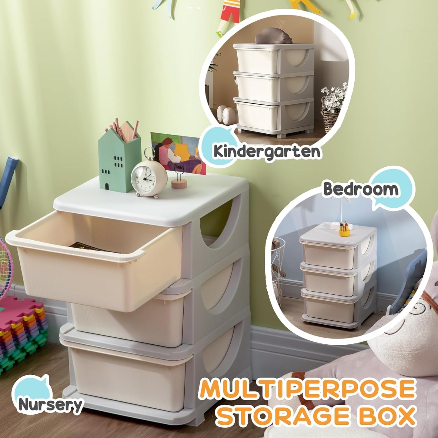 Qaba 3 Tier Kids Storage Unit, 3 Drawer Chest Toy Organizer Plastic Bins for Kids Bedroom Nursery Kindergarten Living Room for Boys Girls Toddlers, Cream White