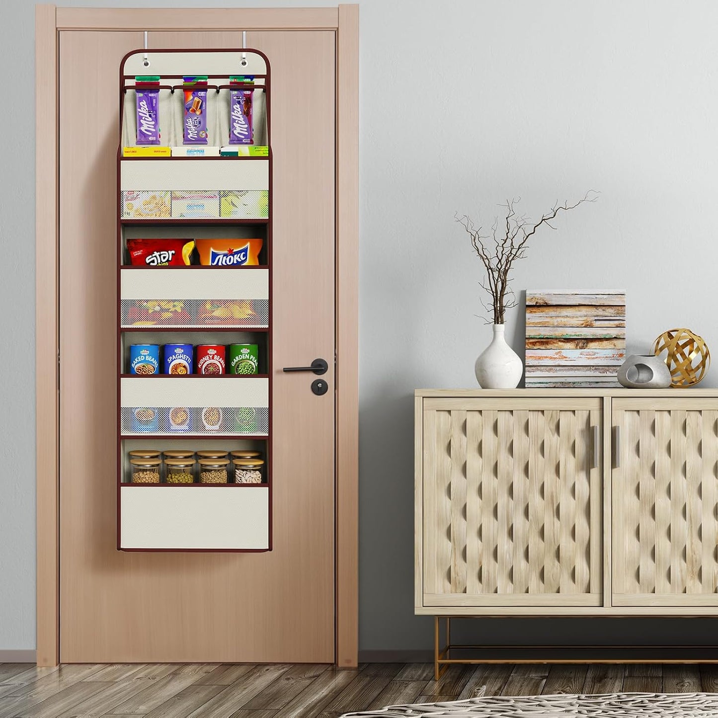 Univivi 5-Shelf Fabric Door Storage Over Door Hanging Organizer with 4 Large Pockets and 3 Small PVC Pockets Nursery Closet Cabinet Wall Mount Hanging Storage Organizers for Baby Nursery (Beige)