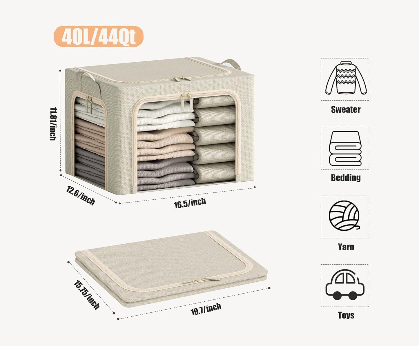3 Openings Clothes Storage Bins with Metal Frame, Foldable Storage Bin for Clothes, Clothing Storage Bins with Lid, Linen Storage Box With Clear Window& Zippers& Durable Handles.(3 Pcs,Beige,40L)