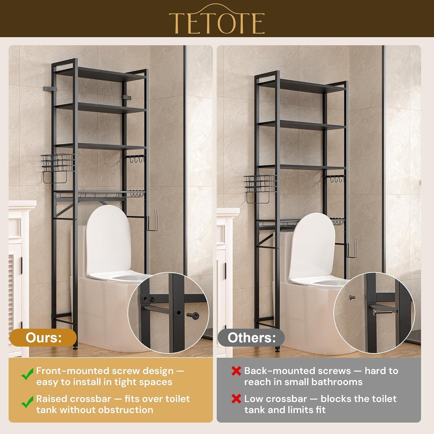 TETOTE Over Toilet Bathroom Organizer, 4-Tier Bathroom Over The Toilet Storage with Adjustable Shelf and Basket, Freestanding Space Saver Bathroom Shelves Above Toilet for Room(Black)