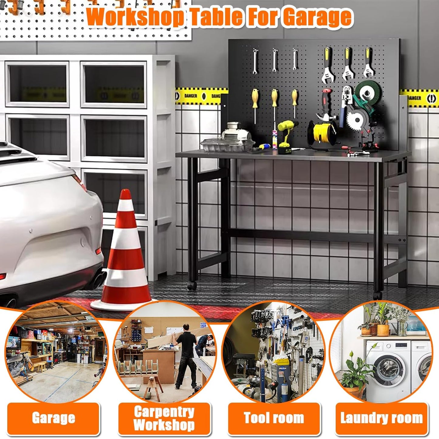 Work Bench for Garage, 45.5" Heavy Duty Workbench with Pegboard, Foldable Steel Work Table with Wheels for Woodworking Shop Garage Home Office Warehouse, Easy Assembly