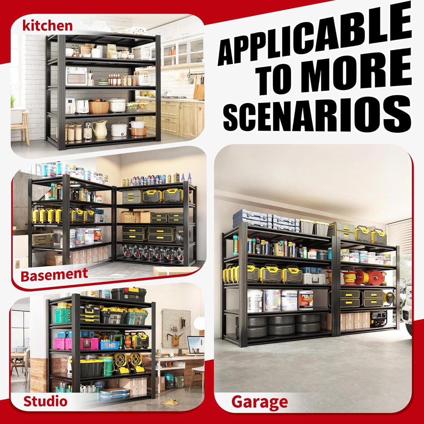 72" H Garage Shelving, Metal Storage Shelves, Adjustable 5 Tier Storage Rack, Heavy Duty Shelving, Industrial Utility Shelf for Garage, Warehouse, Bedroom, Kitchen, 24" D×48" W×72" H, Black