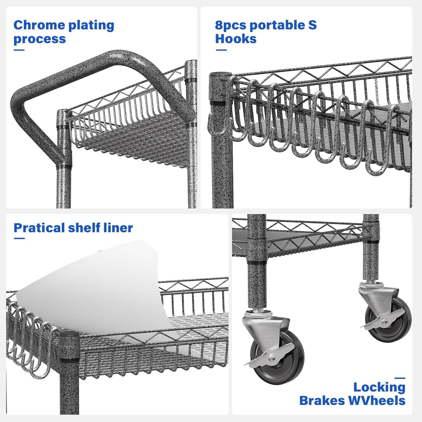 YNN Utility Rolling Cart,990Lbs 3 Tier Heavy Duty Metal Cart with Wheels & Handle NSF Wheeled Cart 31" D x 18" W x 33" H for Bedroom, Bathroom, Kitchen,Garden,Decor,Serving