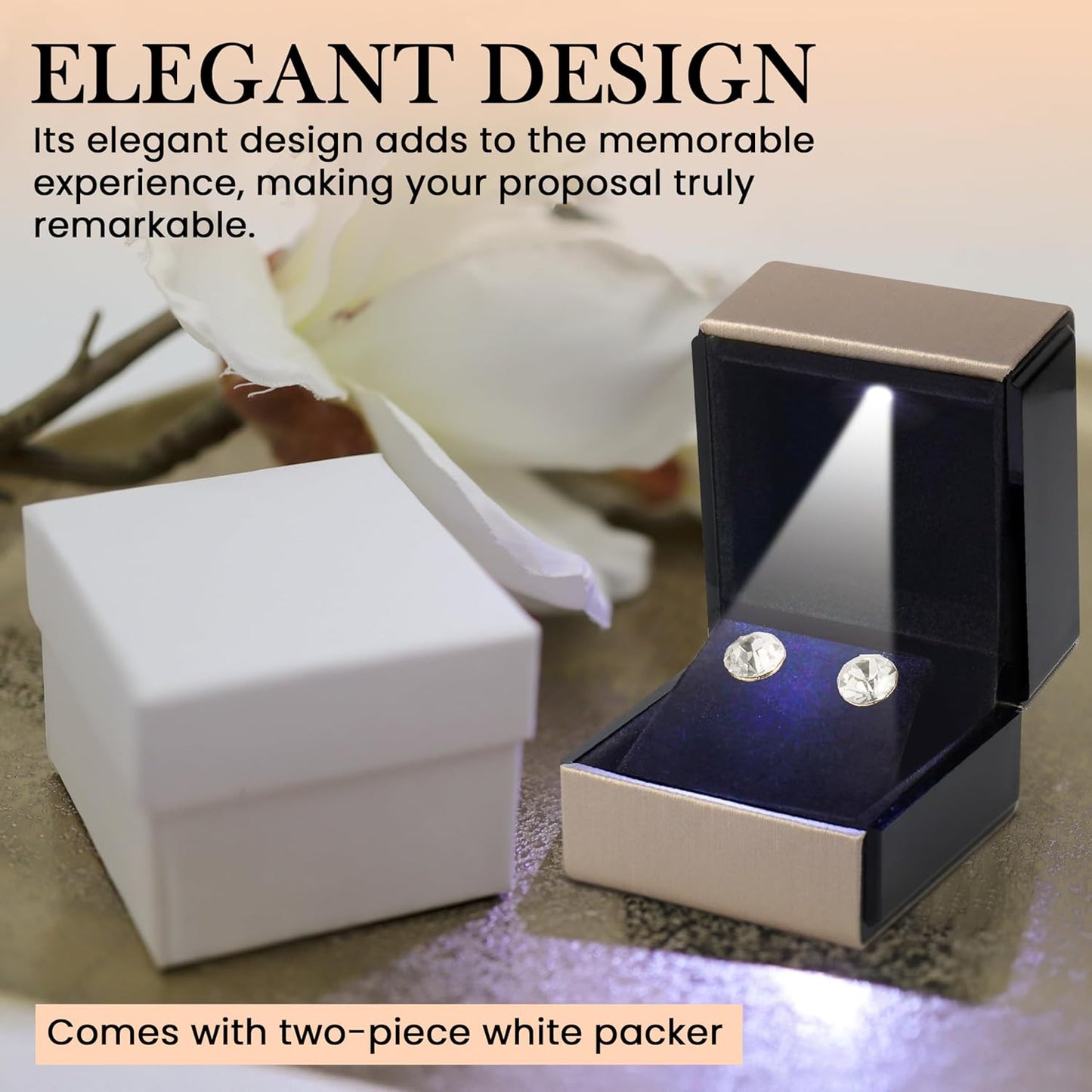 Novel Box Square Shaped Gold Earring Box With LED Light 2.25X2X2.5 Inches - Jewelry Earrings Case Best for Jewelry Displays - Gift Box for Mother's Day, Engagement, Anniversary & more Happy Occasions