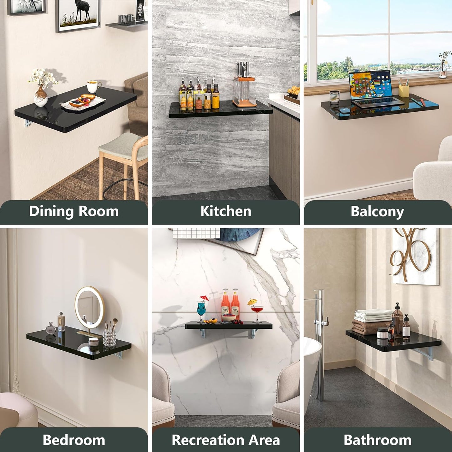 Clikuutory Black Wall Mounted High Gloss Folding Table 23.6" L x 15.7" W, Laundry Folding Table for Laundry Room, Home Office, Kitchen, Bedroom, Home Bar, Wall Desk Fold Down for Small Spaces