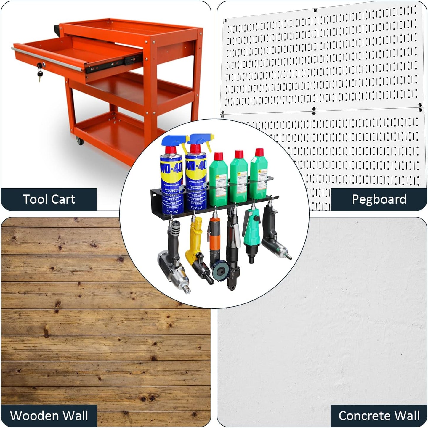 UNITEDPOWER Pneumatic Tool Holder/Aerosol Rack Combo, Wall Mounted Spray Can Bottle Holder, Air tool organizer, for Garage and Workspace, 5 Cans and 6 slots