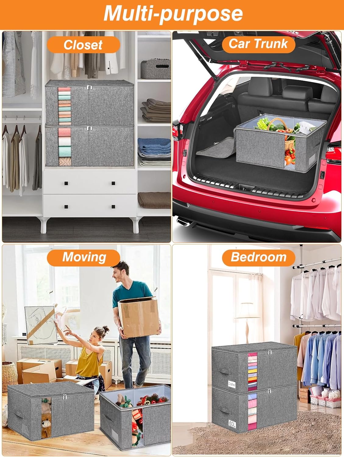 60L Blanket Storage, Comforter Storage Bag With Rigid Side & Bottom Support, Stackable Clothes Storage Bin For King Size Comforters Sweater Bedding Quilt Pillow Closet Organizer,21.7x14.2x11.8in,2Pcs