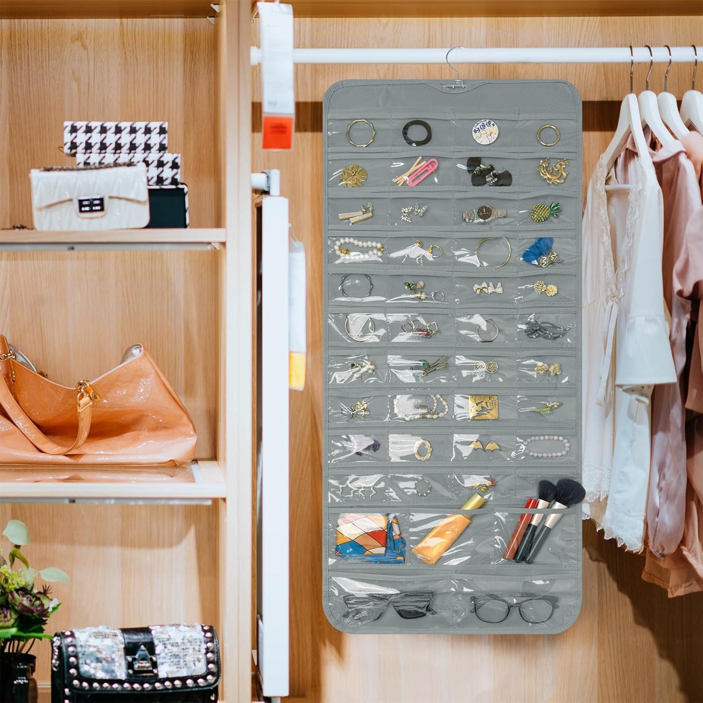 Bloss Hanging Jewelry Organizer With 90 Pockets,Earring Holder Organizer Storage For Valentine's Day Gift,Double-Sided Jewelry Holder for Earrings, Necklaces, Rings on Closet,Wall,Door(Grey)