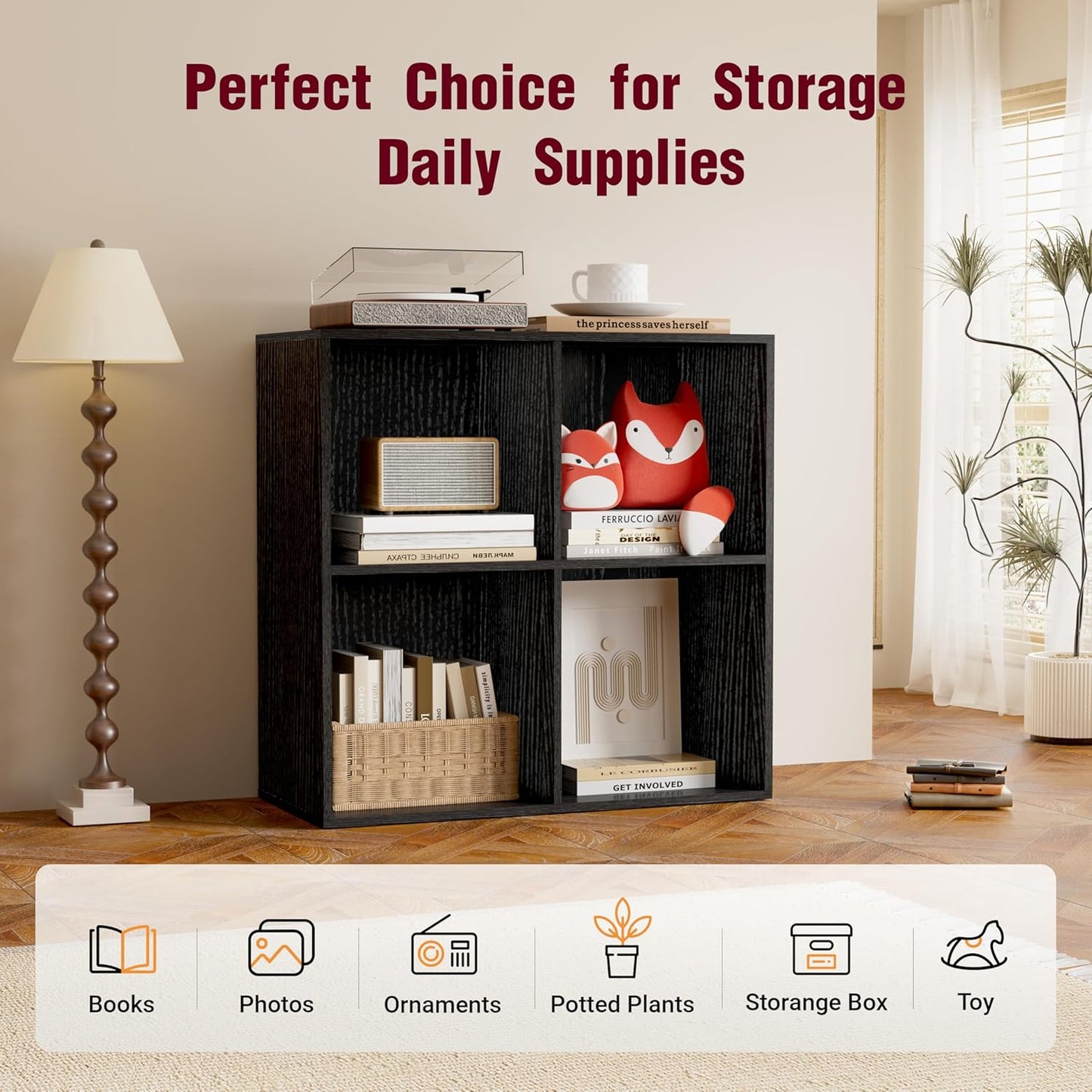 Book Shelf, Wooden Cube Storage Organizer with 11" Open Cubes, Stackable Modular Bookcase for Room Divider Storage, 2 Tier Bookshelf for Living Room, Bedroom, Office (Black, 4-Cube)