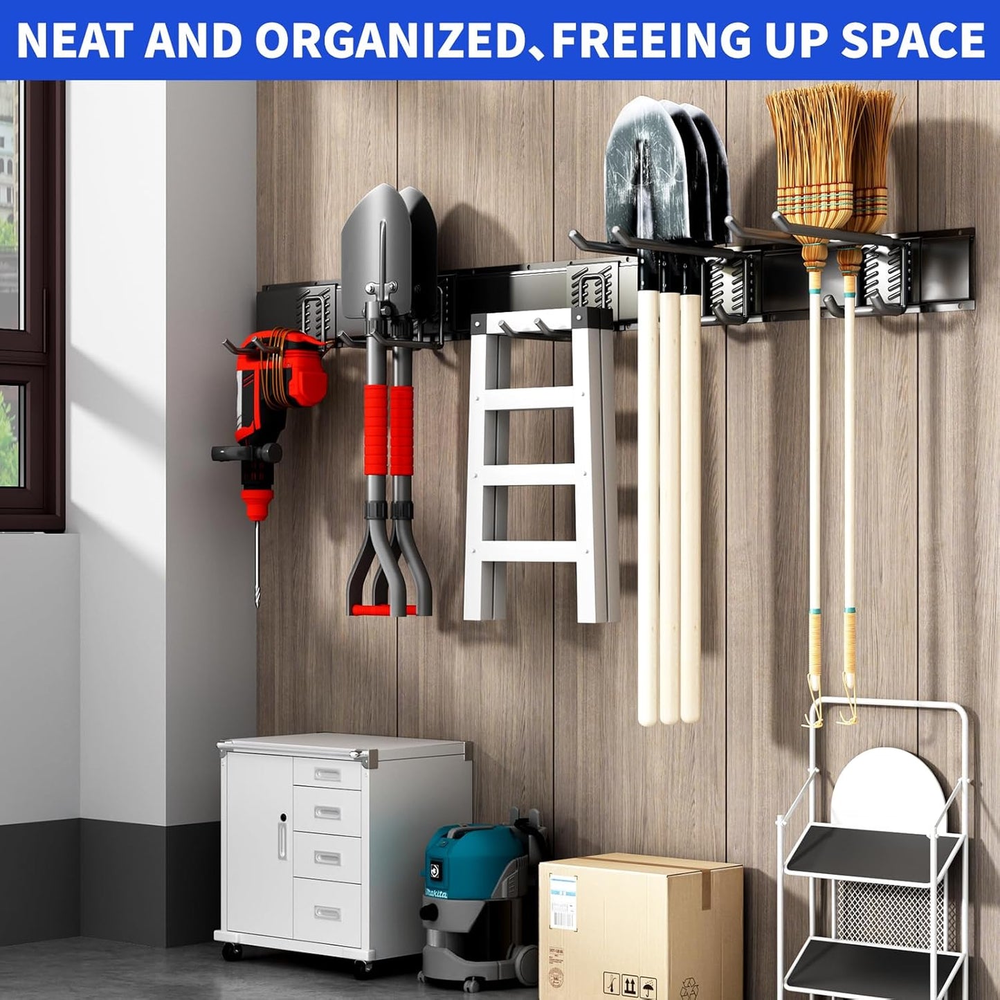 Garden Tool Organizer Wall Mount, 48inch Heavy Duty Garden Tool organizer Storage System, Easy Install With 7 Adjustable Hooks, For Garage, Basement, Shed, Workshop(Black)