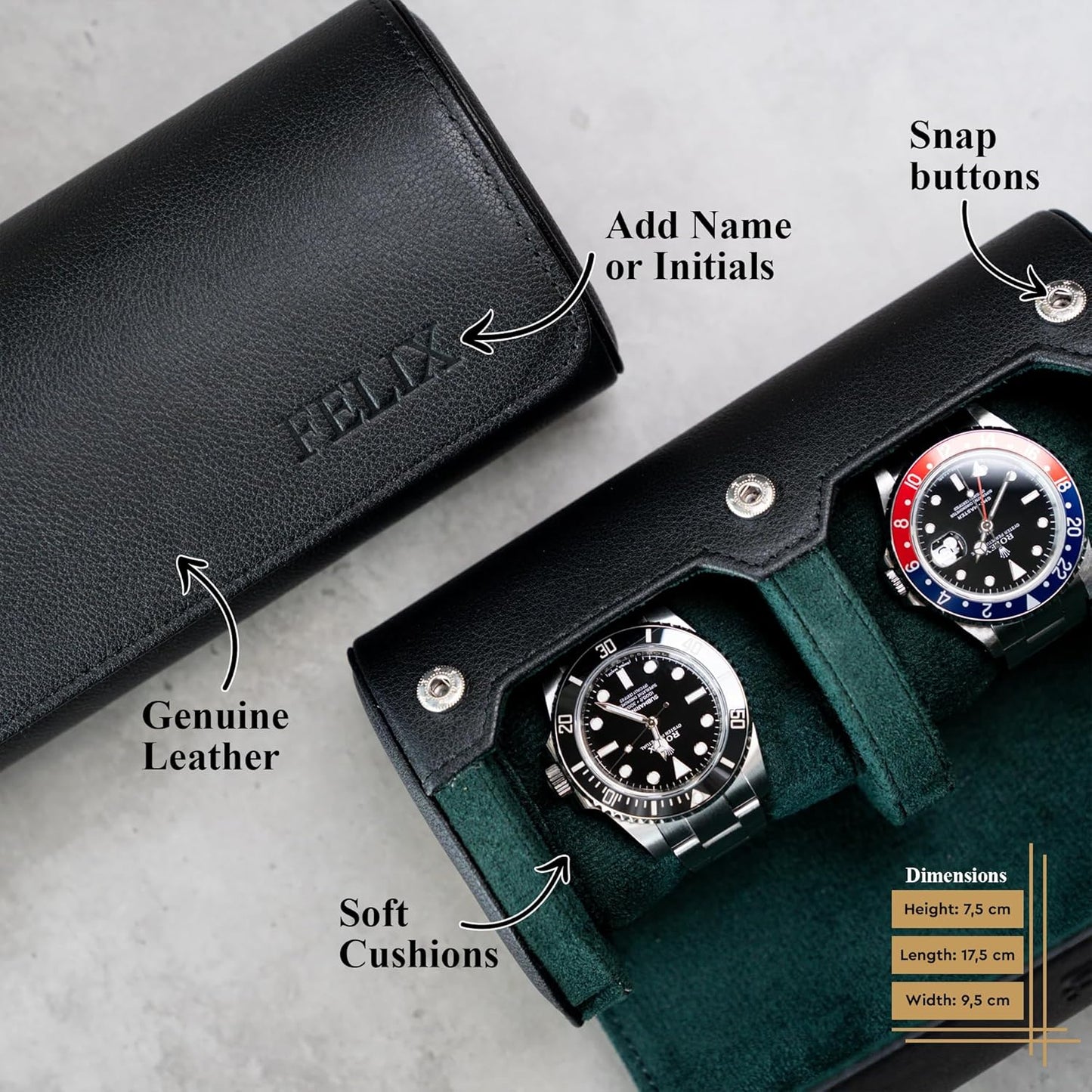 DailyWatch | Personalized Watch Roll Travel Case For 2 Watches - Handmade Genuine Leather Travel Case With Custom Engraving of Name or Initials - Black Green