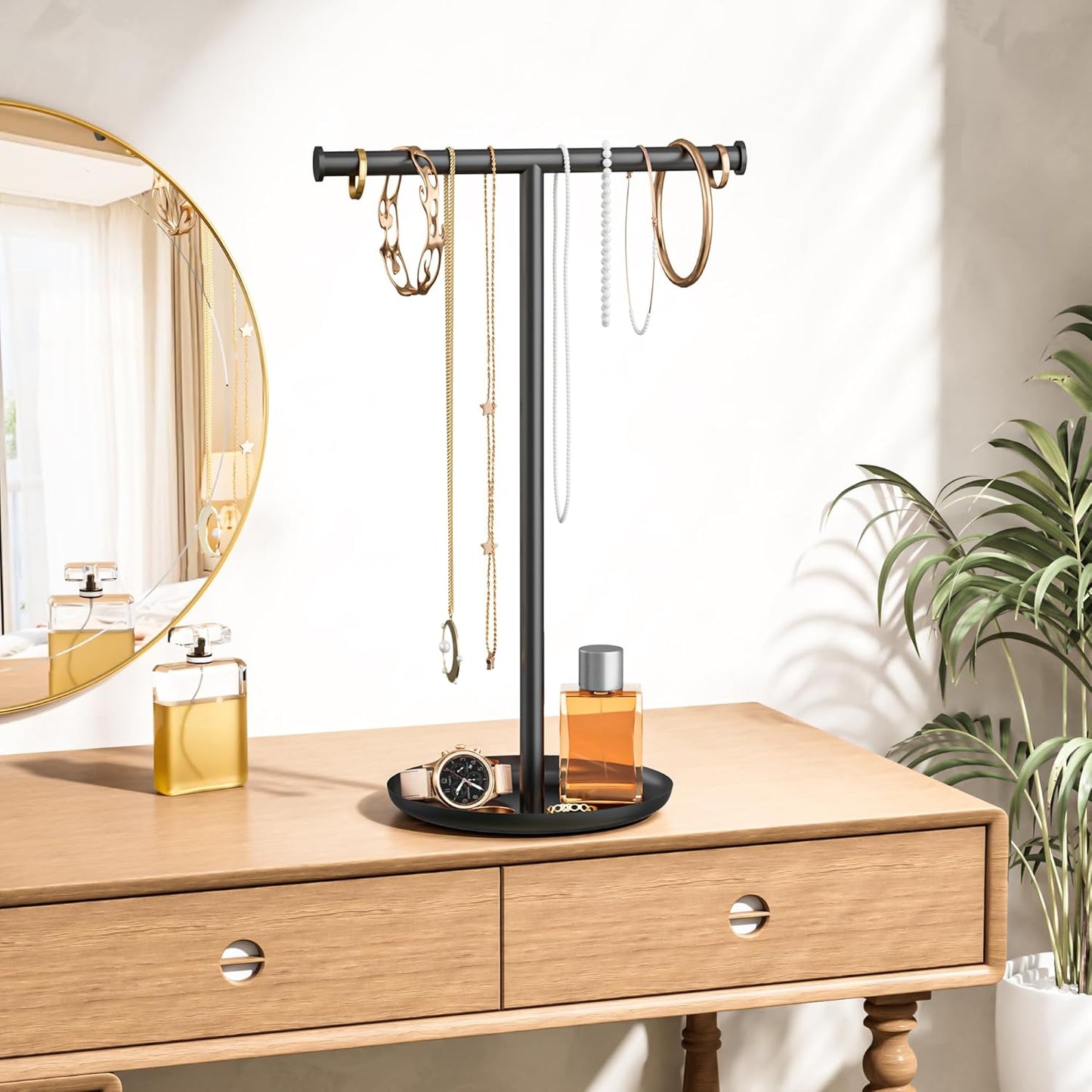 Necklace Organizer Stand with Storage Tray - 12.6" Tall T-Shaped Jewelry Holder Stand for Bracelets, Earrings, Rings | Stylish Home & Vanity Décor for Women, Black.