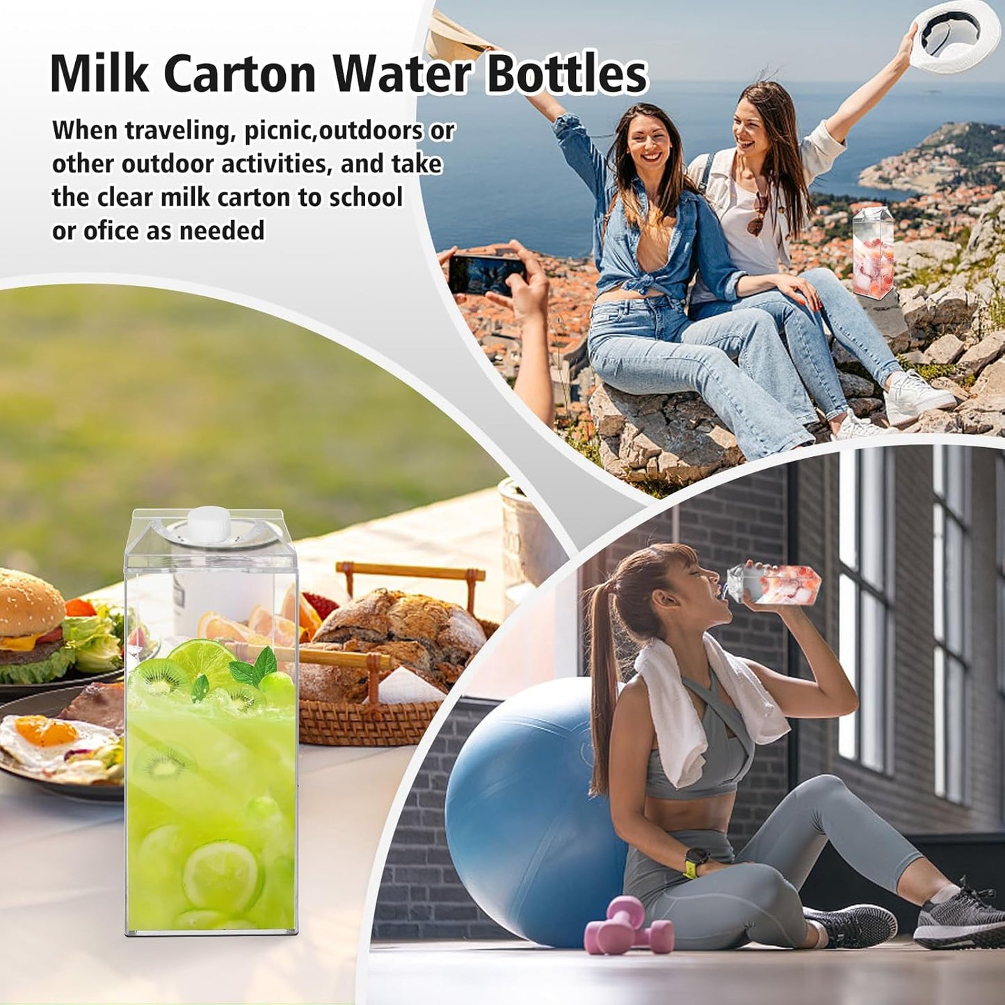 64 Oz Large Clear Milk Carton Container Plastic Square Milk Water Bottle Milk Container for Refrigerator for Outdoor Climbing Tour or Camping (3 Pcs)