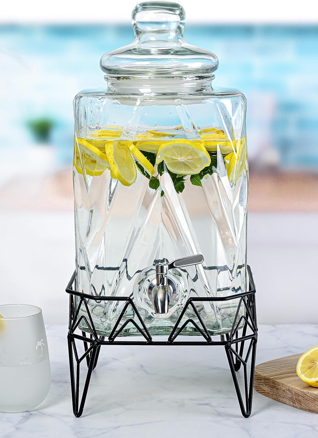 Glacial Ice Design Glass Beverage Dispenser with SS Spigot and Stand - 2.5 Gal