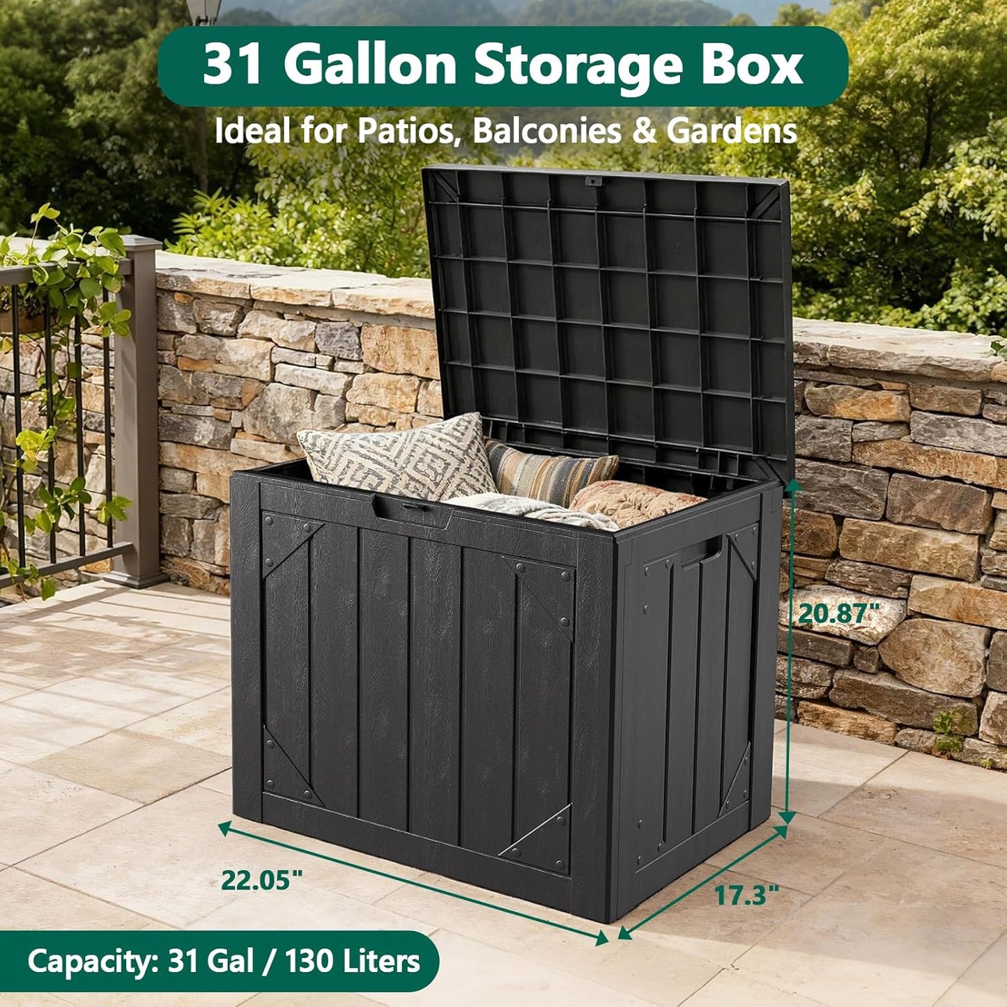 31 Gallon Outdoor Storage Box, Lockable Resin Deck Box for Patio Cushions, Throw Pillows, Garden Tools, Weatherproof Outdoor Storage Bench for Yard, Porch, or Balcony
