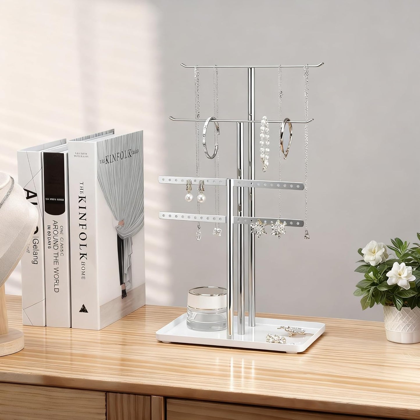 pickpiff Silver Jewelry Stand Holder Organizer: 14.5" Sturdy Hanger for 80 Pcs Jewelry, Chrome Jewlery Tower for Display Necklace, Earring, Bracelet, Watch