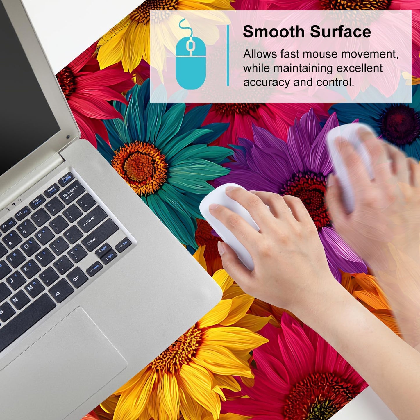 Colorful Floral Mouse Pad – Large Extended Desk Mat 35.43 x 15.75 in – Bright Rainbow Sunflower Design, Non-Slip Rubber Base, Waterproof Surface, Oversized Keyboard & Mouse Pad for Office or Gaming