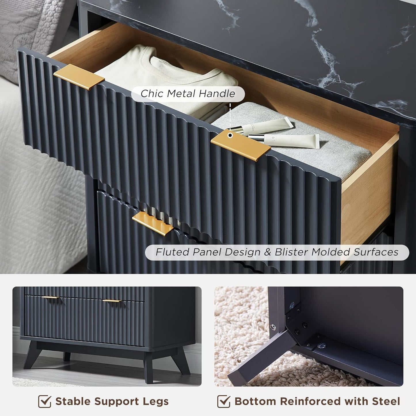 T4TREAM Fluted 3 Drawers Nightstand Set of 2, Oversized Extra Large Modern Side Table with Faux Marble Top, End Table Bedside for Bedroom, Living Room, Curved Profile Design, Dark Grey