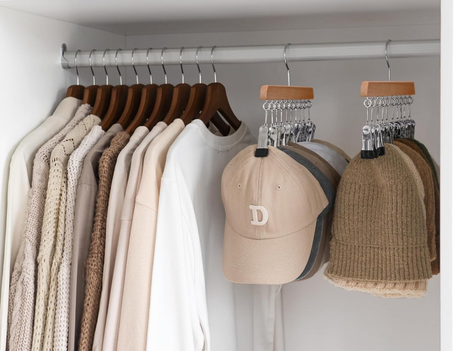 StorageWorks Hat Rack, Closet Organizer and Storage for Baseball Caps,Set of 2 with 10 Adjustable Stainless Steel Clips, Fits All Caps, Natural Wood Color