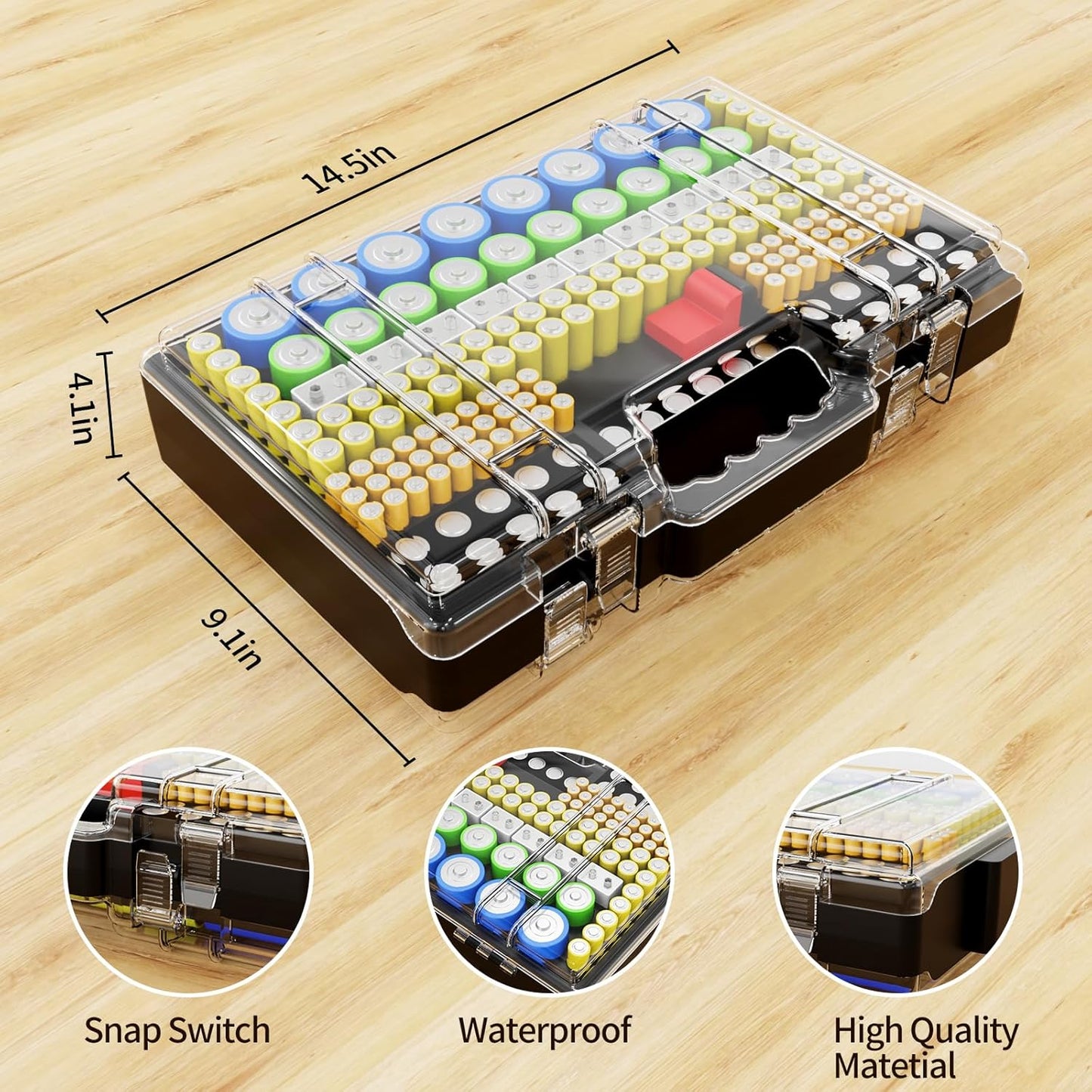 Battery Organizer Storage Holder Box Case with Tester, Ultra-Large 280+ Batteries Double-Sided Variety Pack,Holds AA AAA 4A C D Cell 9V 3V Lithium18650 LR44 CR2 CR123 CR1632 - Black