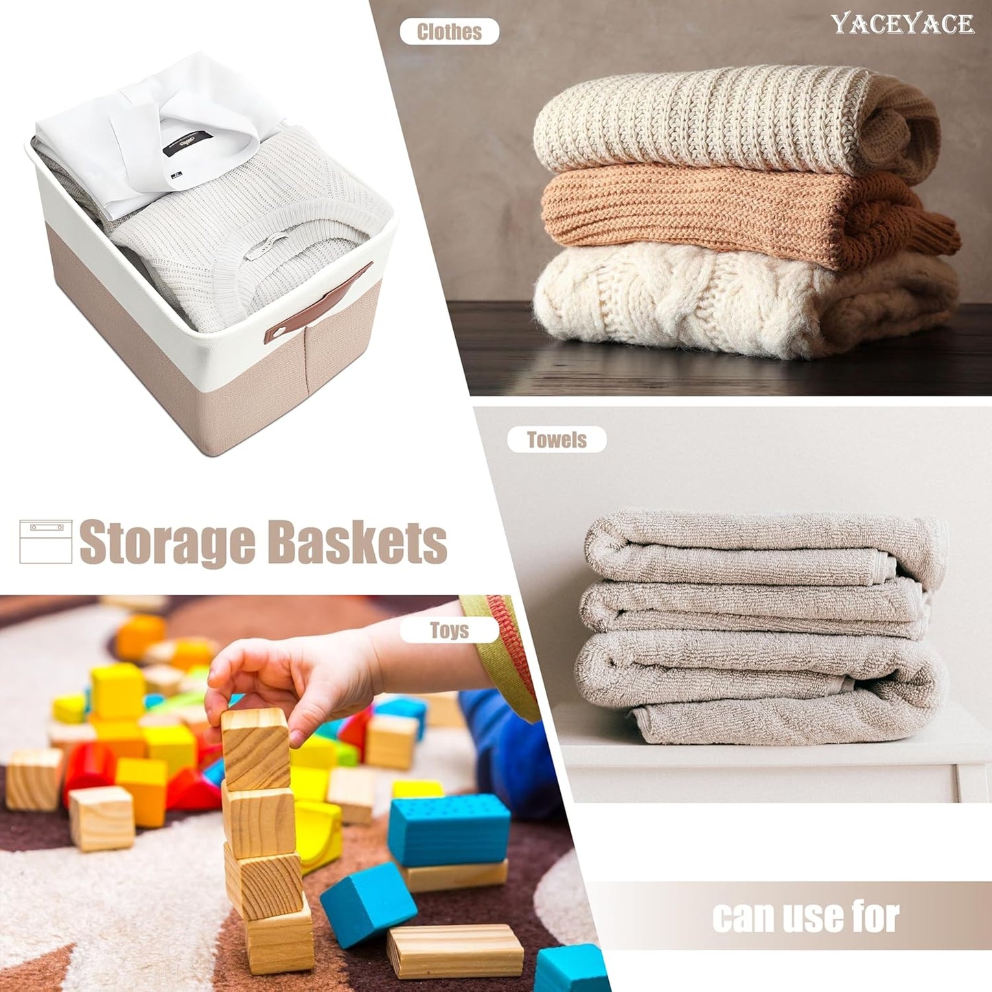 Storage Baskets with Handles, 4 Pack Foldable Storage Bins for Shelves, Linen Fabric Basket for Home Decorative,Organizing Cloth Toy Nursery