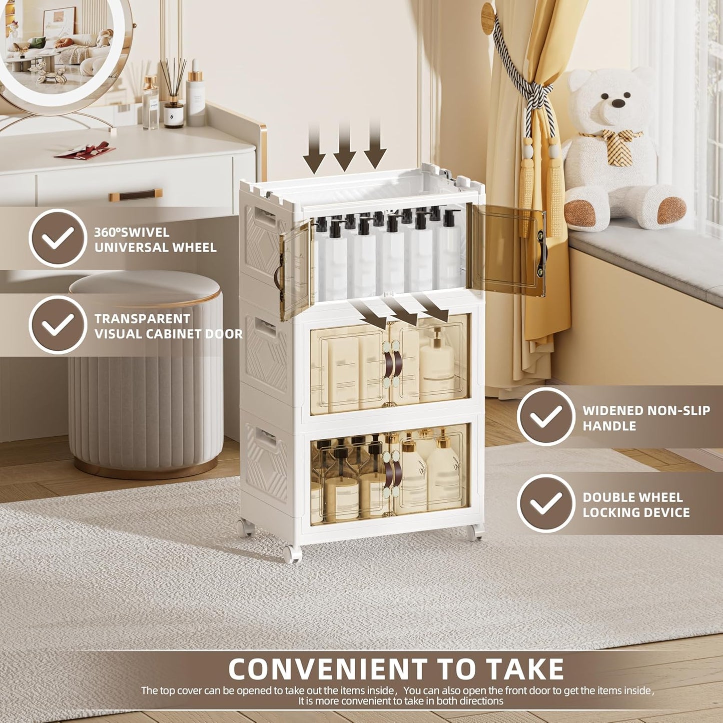 108 QT / 27 Gal Magnetic Double Door Cabinet with Wheels - Foldable Stackable Design, Leather Handles, Water Resistant Organizer for Bathroom, Kitchen