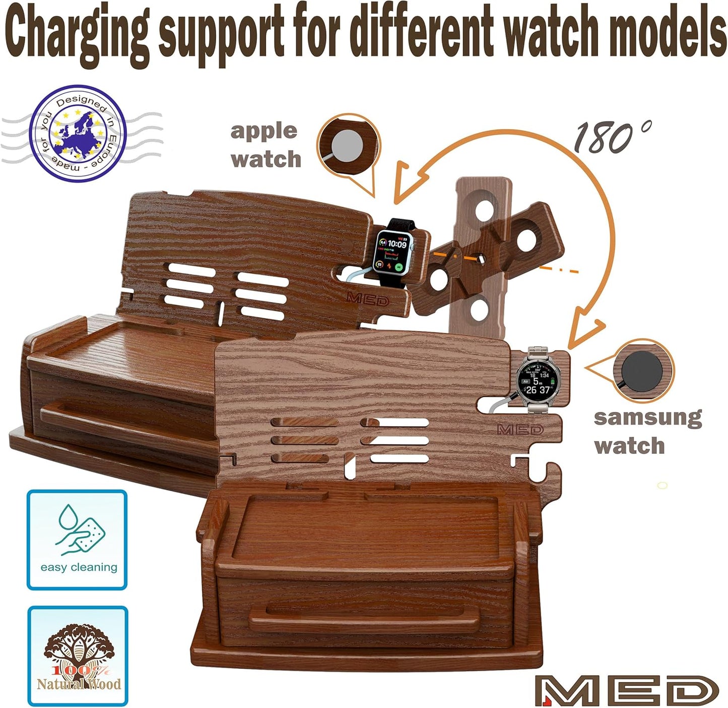 MED Wood Phone Docking Station – Nightstand Desk Organizer for Phone, Watch, Wallet & Tablet – Gift for Men, Husband, Dad & Women – Wooden Charging Stand (Dark Walnut, Model 3)