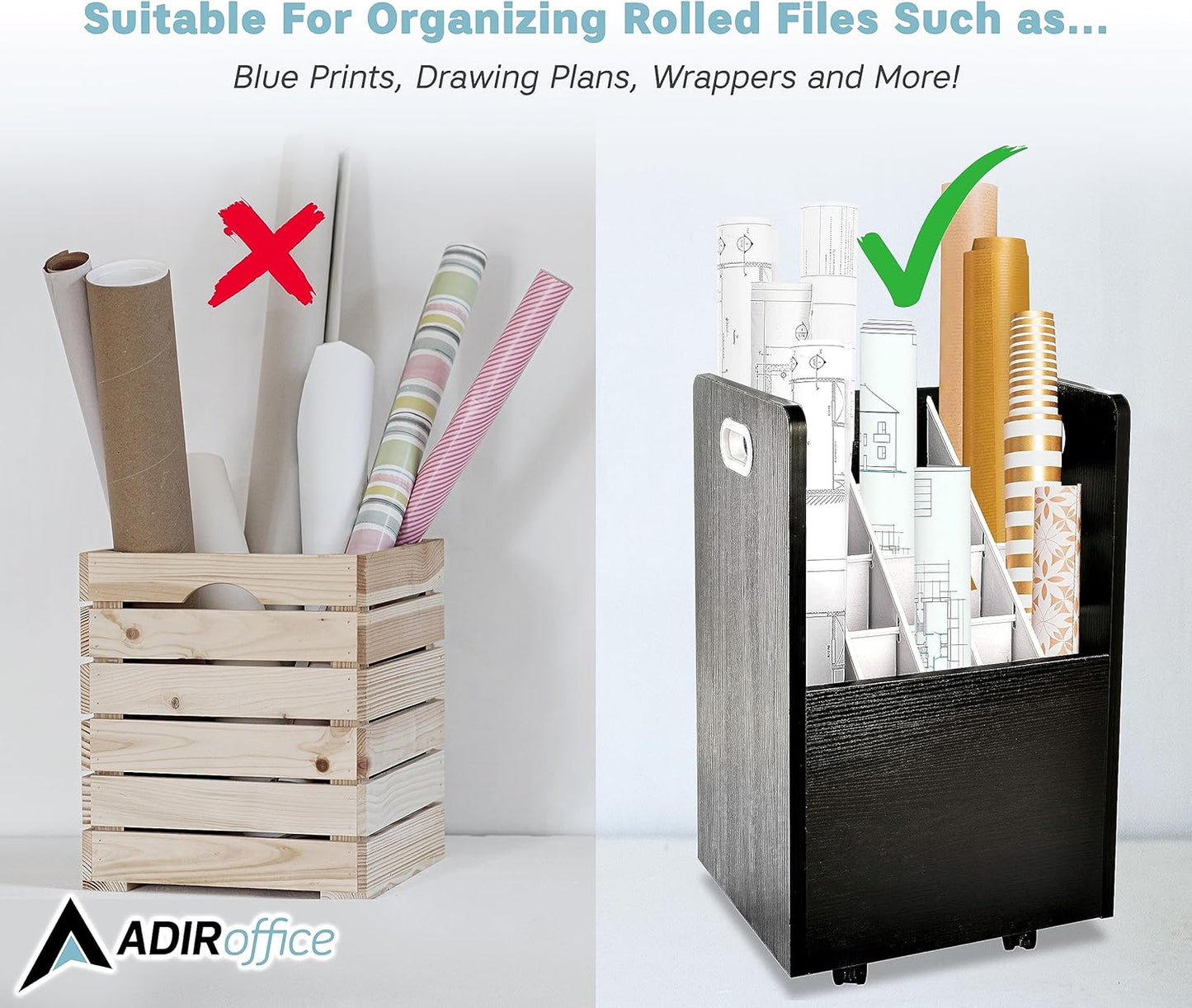 AdirOffice Adir Blue Print Storage Organizer - Mobile Roll File Cart, Construction Plan Holders, Blueprint Cabinet with Wheels, Roll Files Storage for Office and Home (20 Slots, Black)