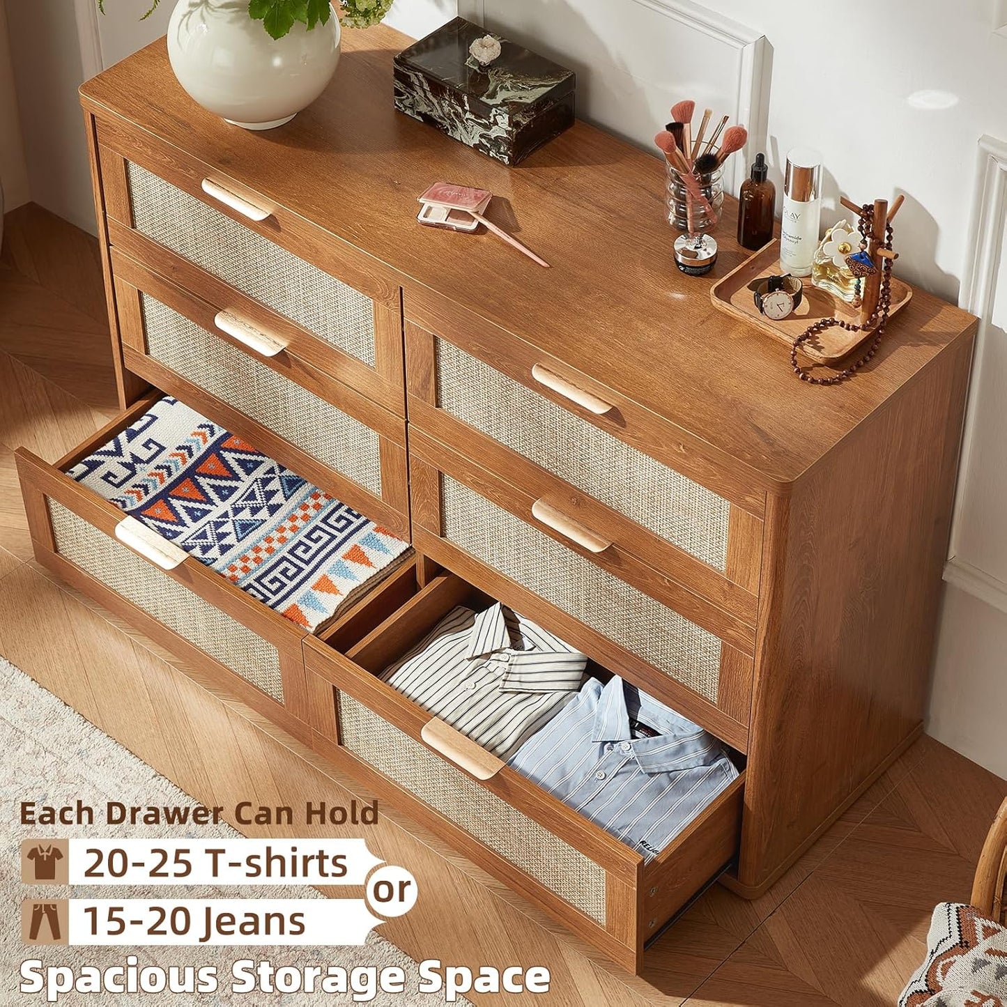LEYAOYAO Rattan Dresser for Bedroom Set of 2, Boho 48" Wide 6 Drawer Dresser Chest of Drawers, Wood Dressers TV Stand with Metal Handle, Storage Dressers Closet Organizer for Living Room, Hallway
