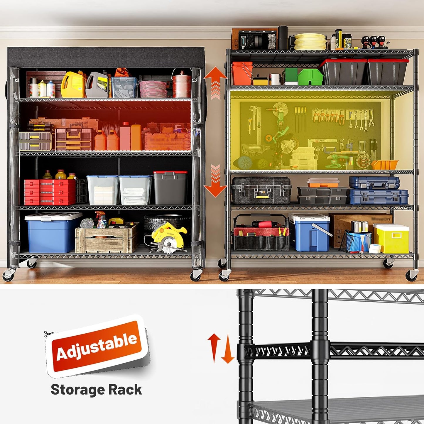 REIBII 45''W Storage Shelves Waterproof Metal Shelving with Cover Dustproof, Wire Shelving Unit Covers & Wheels Garage Storage Rack Wire Shelf for Kitchen Pantry, Storage Room, 45Wx17.72Dx72.83H