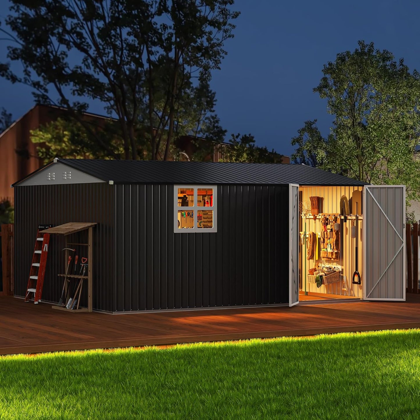 Polar Aurora 12X14 FT Outdoor Storage Shed with Windows, Metal Garden Shed with Updated Lockable Doors and Frame Structure, Large Tool Sheds for Backyard Garden Patio Lawn,Black
