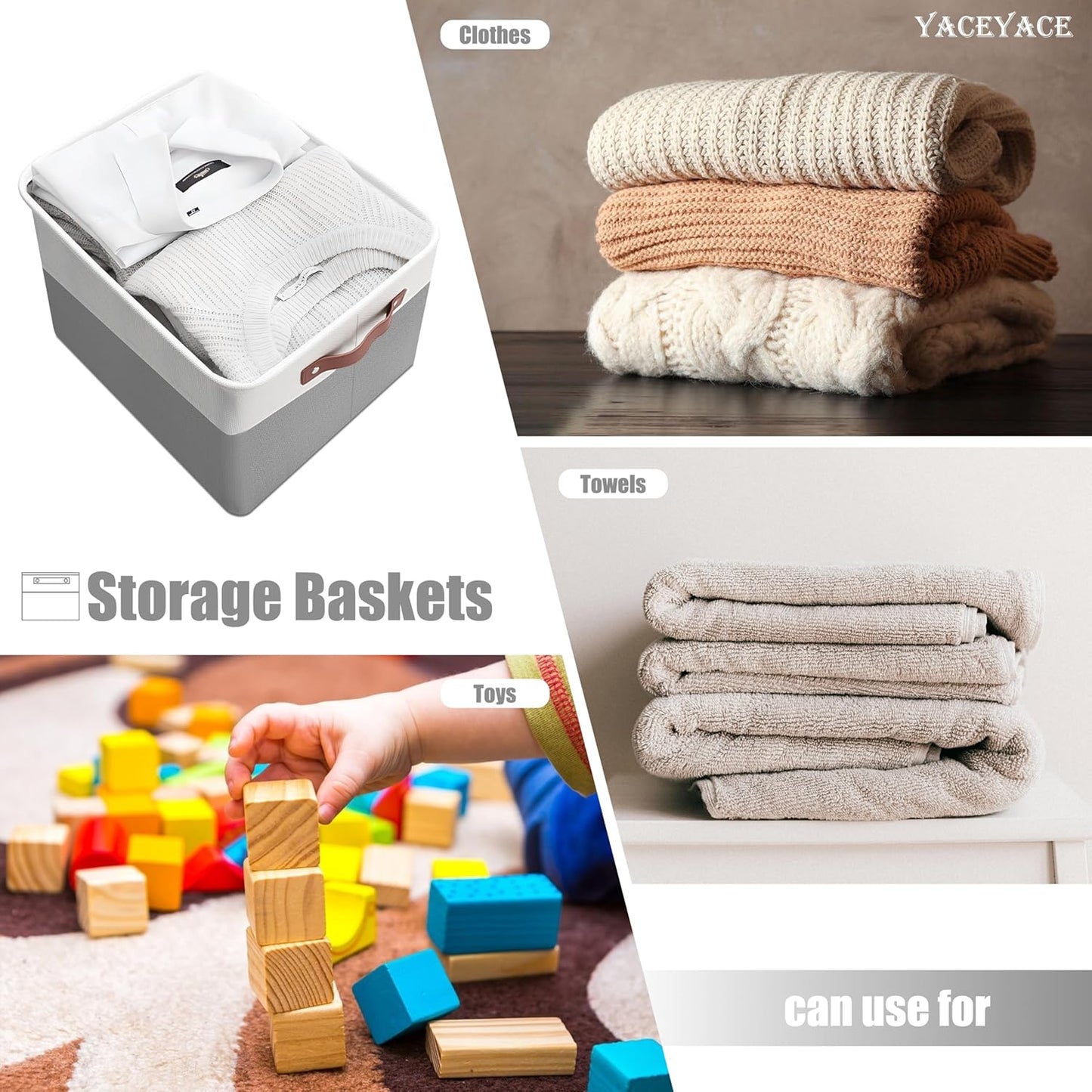 Blanket Basket Foldabel, 4 Pack 15"x11"x9.5" Storage Bins for Shelves, Linen Fabric Foldable Basket with Handles for Organizing, Decorative