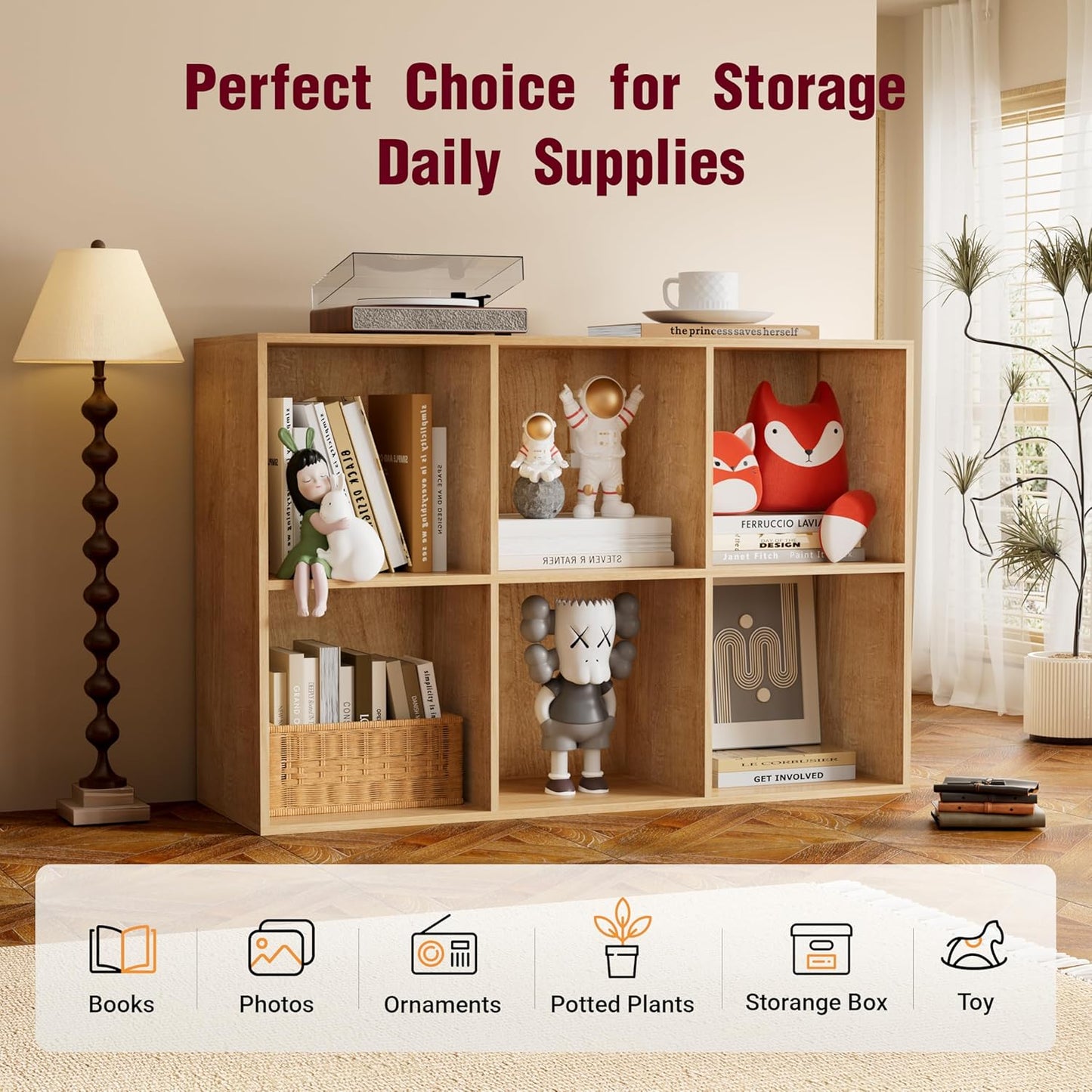 Book Shelf, Wooden Cube Storage Organizer with 11" Open Cubes, Stackable Modular Bookcase for Room Divider Storage, 2 Tier Bookshelf for Living Room, Bedroom, Office (Oak, 6-Cube)