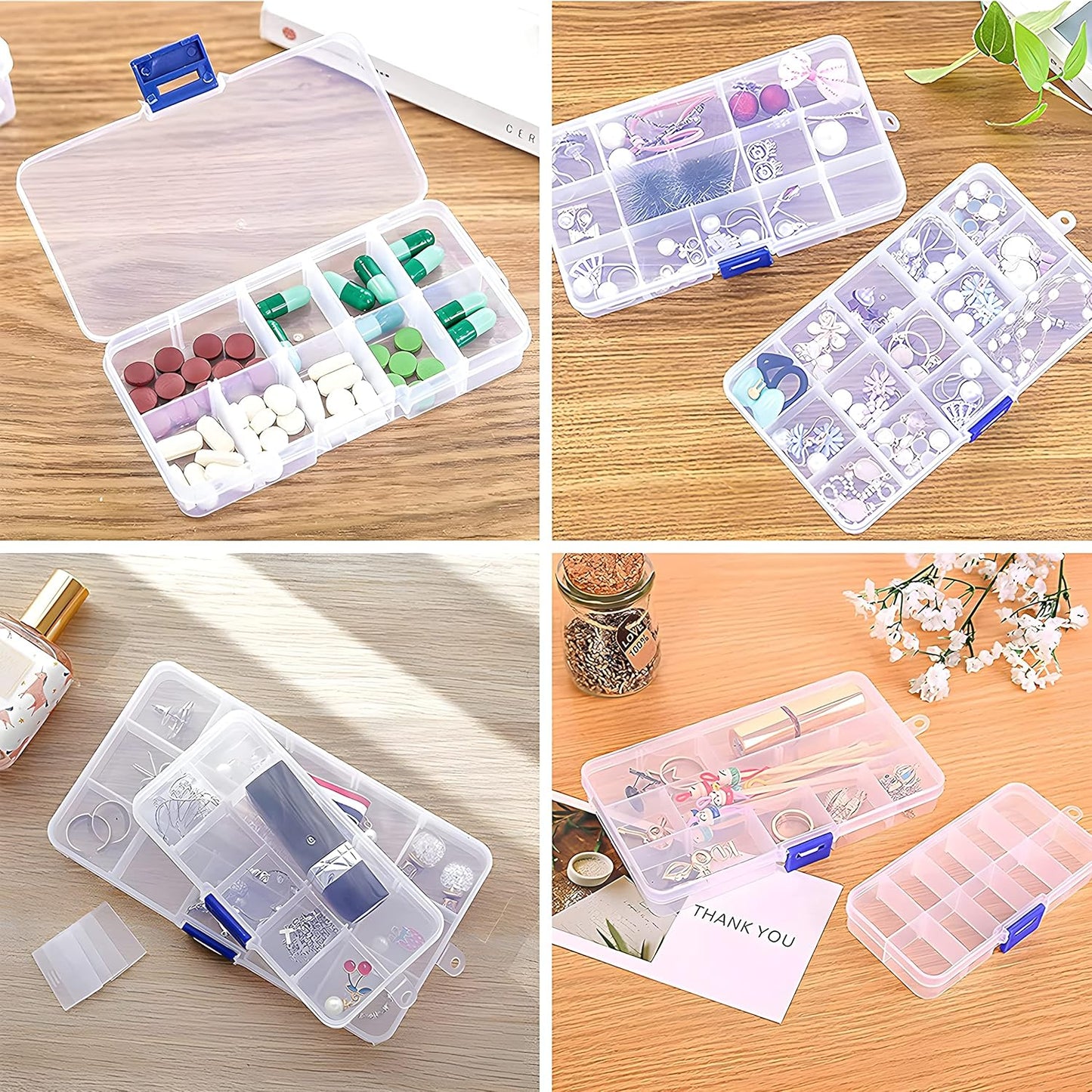 Guyuyii 4 Pack Bead Organizer with Adjustable Dividers – 2 x 10-Grid and 2 x 15-Grid Small Plastic Organizer Box for Bead Storage, Jewelry Making, Crafts, and Fishing Tackle