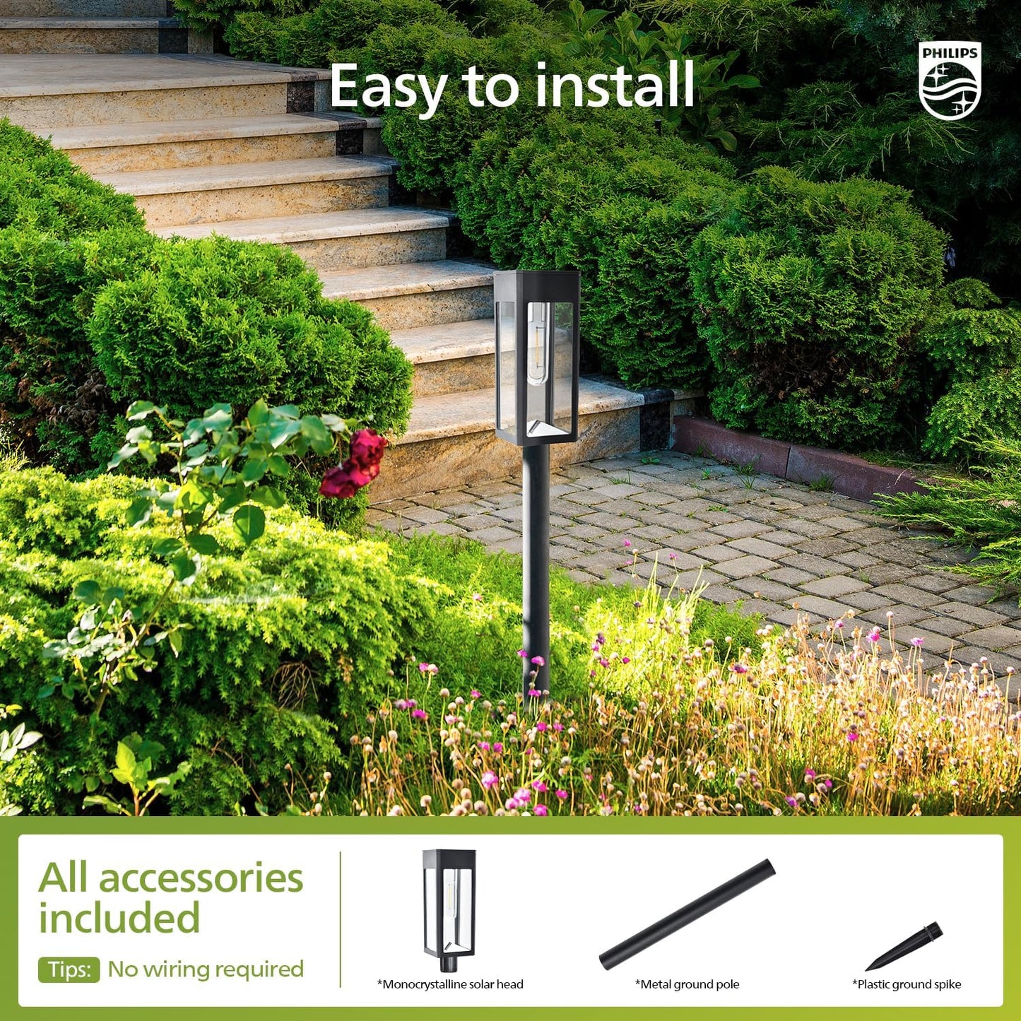 Philips 6 Packs Solar Pathway Lights Outdoor, Glass Metal Led Garden Landscape Lightings, 3000K Warm White, Waterproof for Decor Yard, Walkway, Patio, Driveway, Lawn