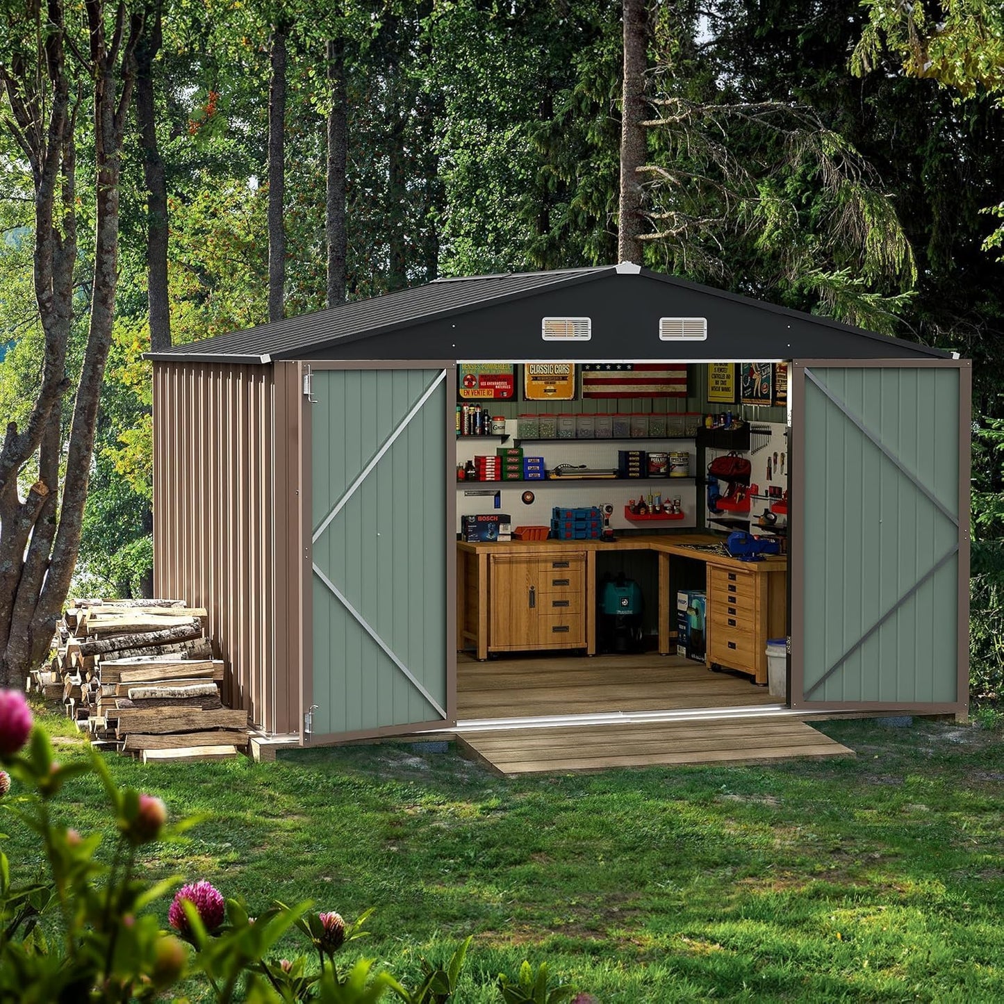 Furniwell 10x8 FT Outdoor Storage Shed, Metal Garden Sheds Outdoor Storage House with Single Lockable Door for Backyard Patio Lawn, Brown