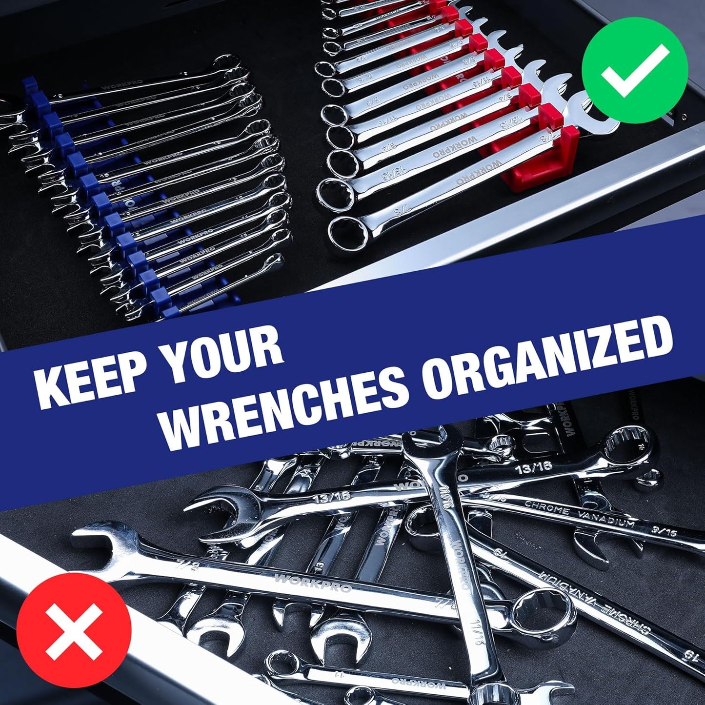 WORKPRO 2-Piece Magnetic Wrench Organizer, 24 Slots Wrenches Holder Fits SAE (5/16” to 3/4”) and Metric (9 mm to 20 mm), Premium Quality Wrench Rack Set to Keep Wrenches Organized