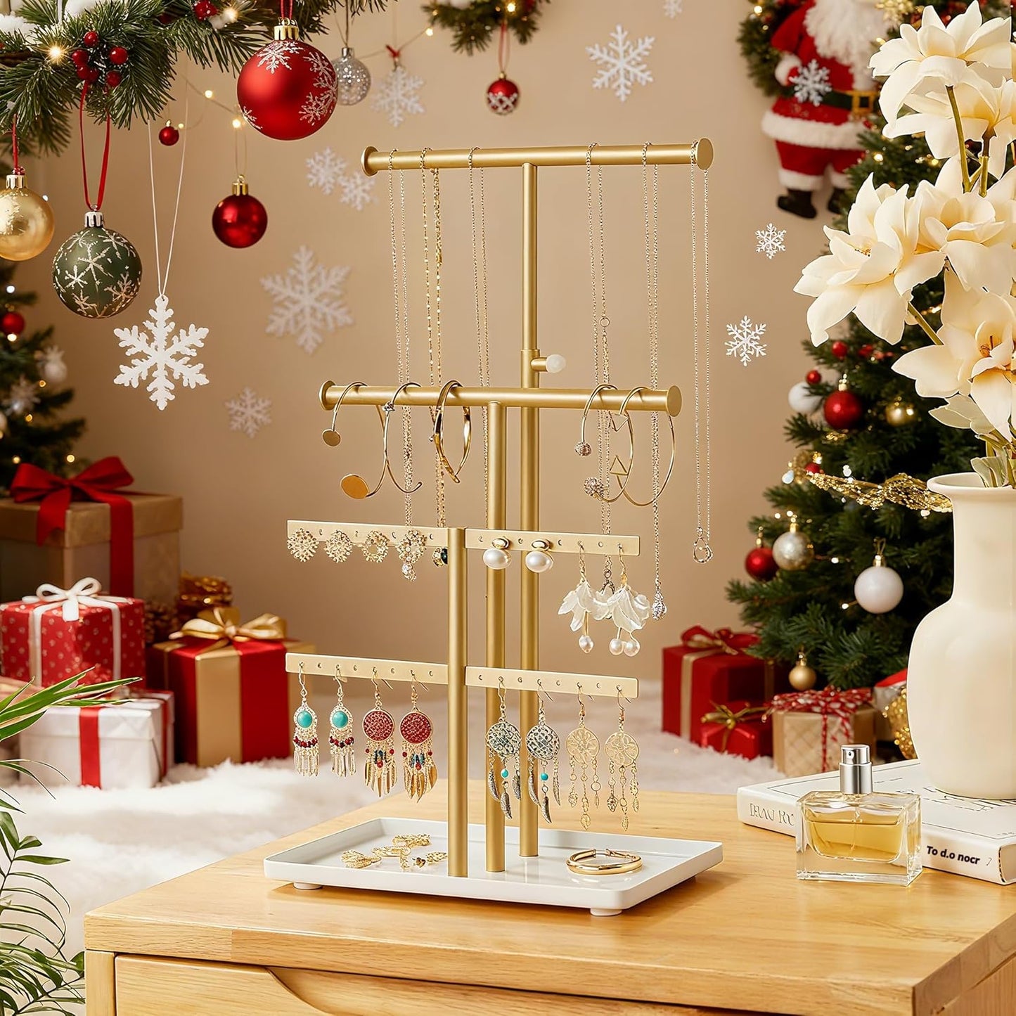 3 Tier Jewelry Holder Organizer, Necklace Display Stand, Height Adjustable Jewelry Tower for All Earrings, Bracelets, Watches, Rings