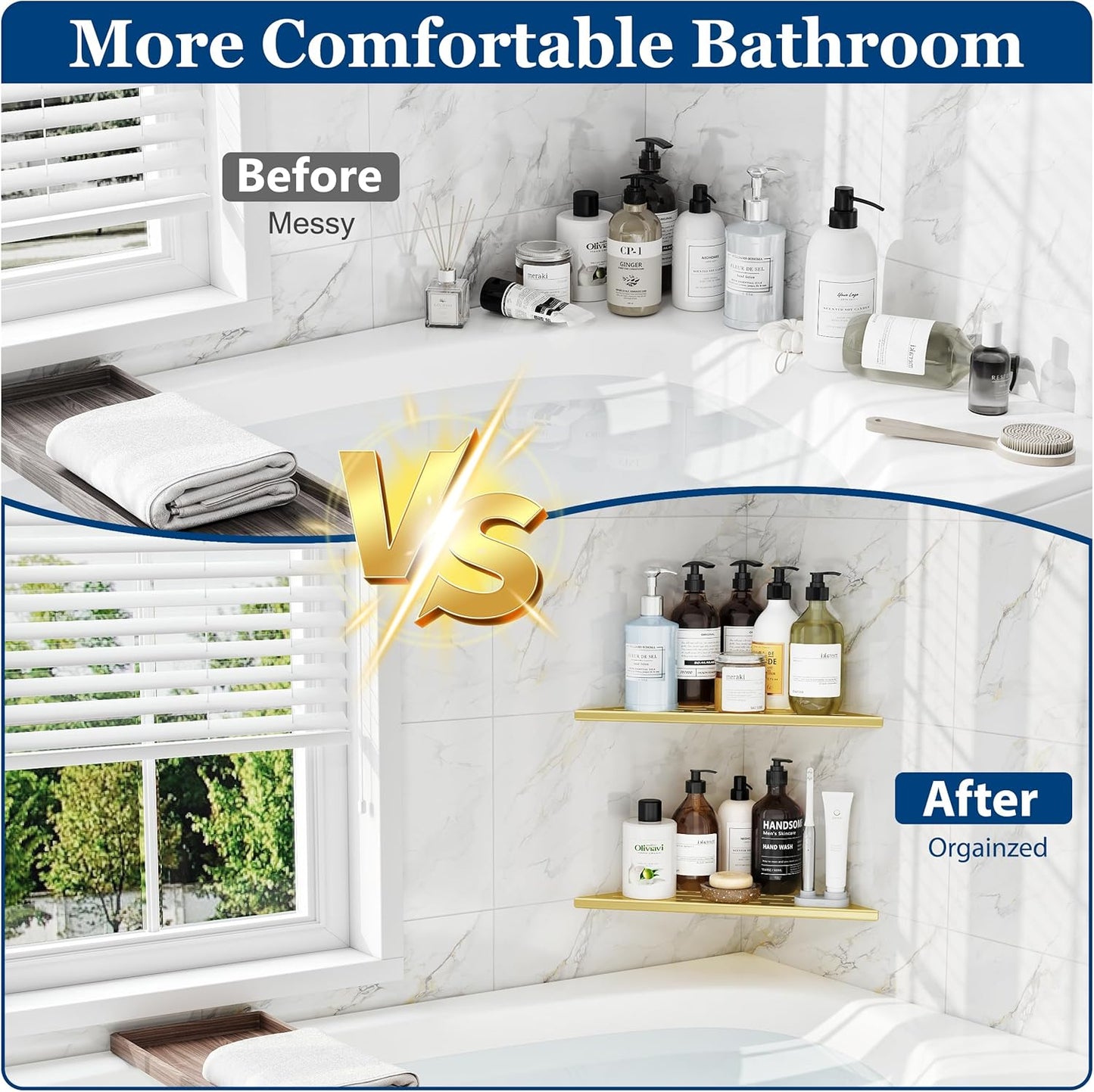 Corner Shower Shelves, 12” Recessed Tile Shower Shelf, 304 Stainless Steel Grout in Corner Tile Shower Shelves, No Drilling, Brushed Golden, 2 Pack