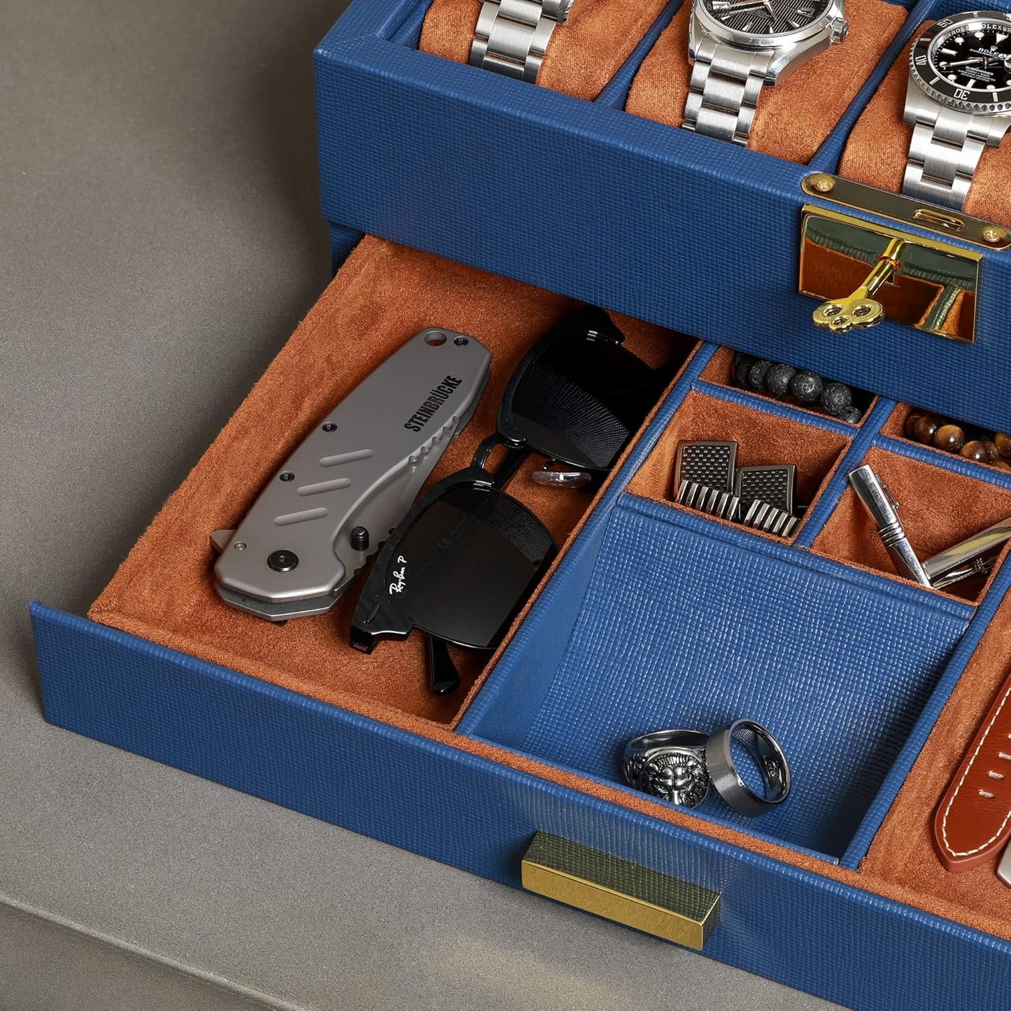ROTHWELL 10-Slot Watch Box in Leather with Valet Drawer, Luxury Watch Case Display Organizer with Ultra Soft Microsuede Liner, Jewelry and Sunglass Holder With Large Glass top (Blue/Tan)