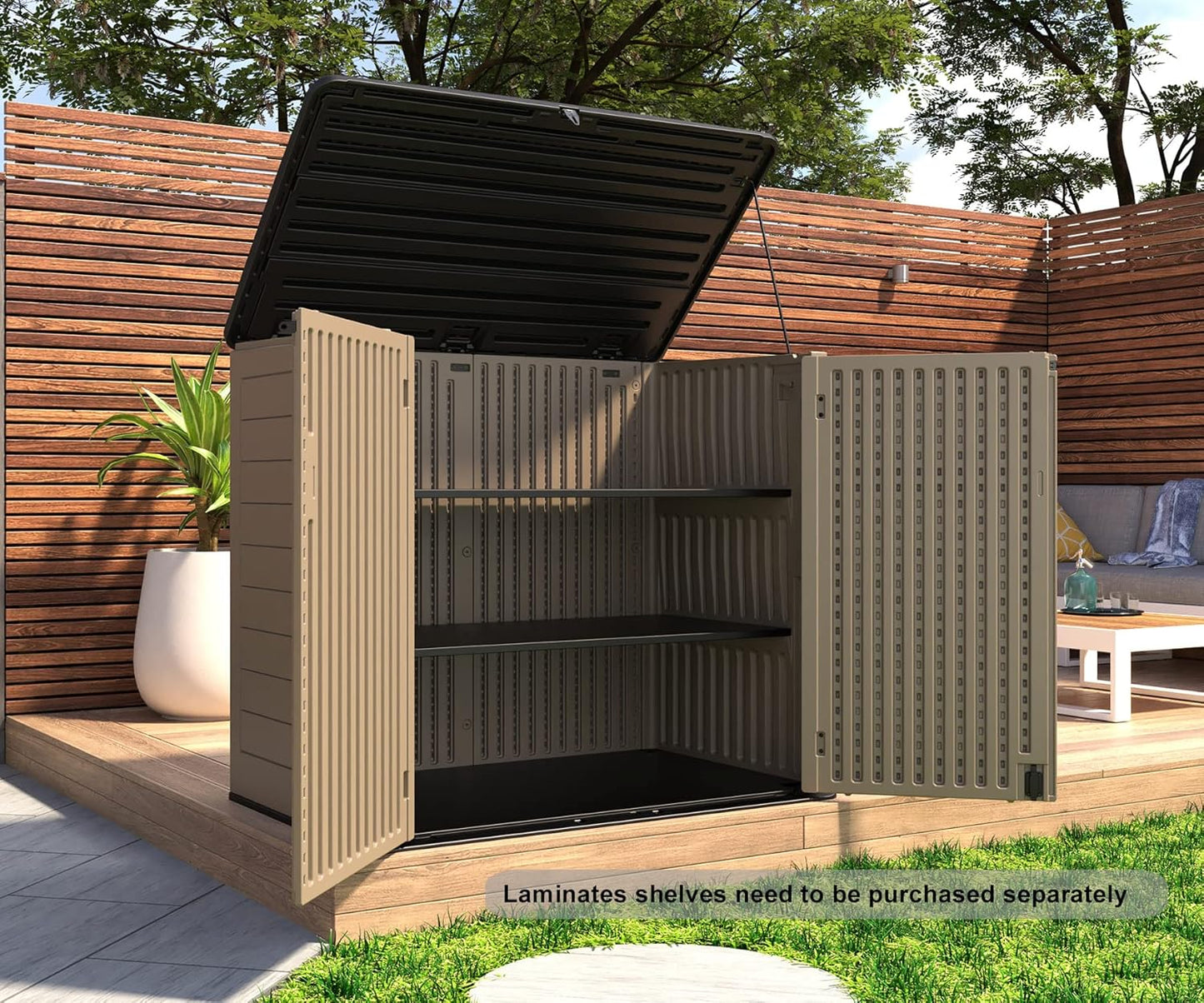HOMSPARK Storage Shed Weather Resistance, Multi-Purpose Outdoor Storage Cabinet for Backyards and Patios, Horizontal Storage Shed for Lawnmower, Patio Accessories (Brown, X Large - 48 cu.ft)