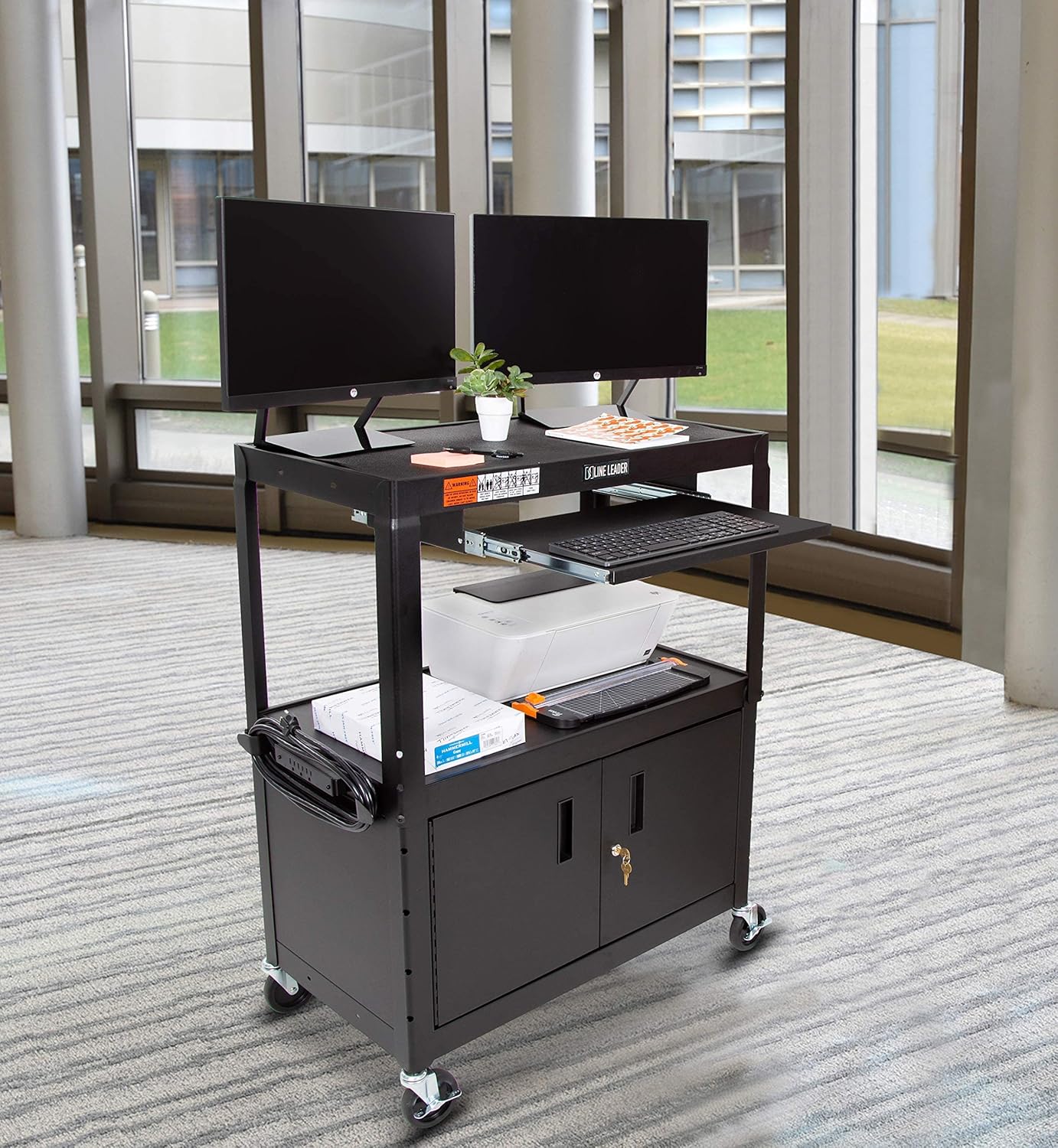 Line Leader Large AV Cart with Locking Cabinet | Height Adjustable Utility Cart with Pullout Keyboard Tray & Cord Management | UL Safety-Certified Computer Cart | Easy Assembly (32 x 18 x 42in)