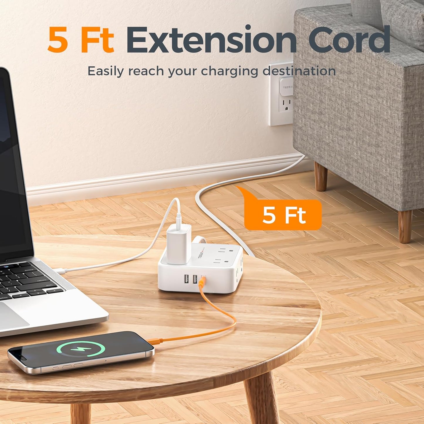 TESSAN Surge Protector Power Strip, 5 Ft Flat Plug Extension Cord with 3 USB (1 USB C) 8 Outlets, 1250W, 900J Protection, 3 Sided Outlet Extender with Power Switch for Office, Dorm Room Essentials