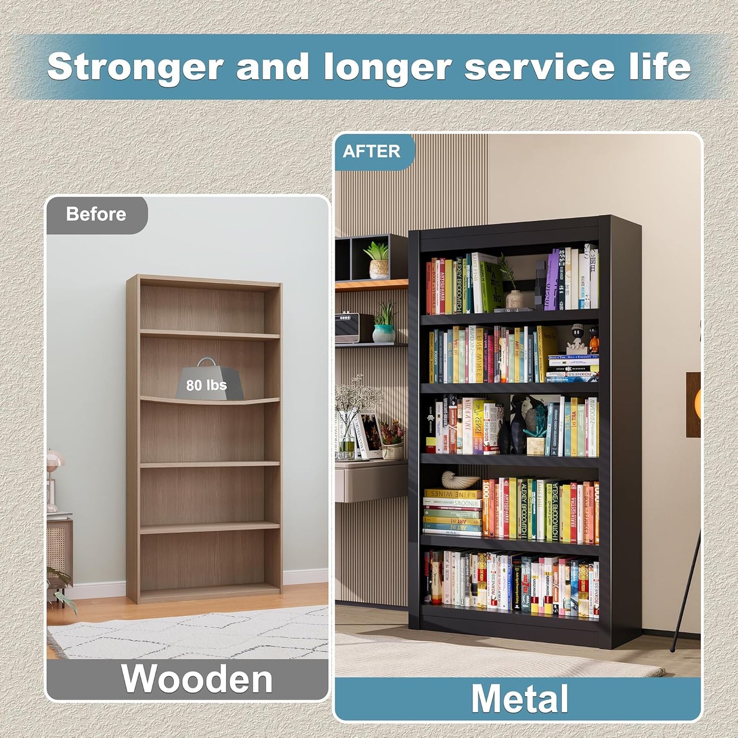 Book Shelf, 5-Tier Sturdy Bookcase, Adjustable Bookshelf, Large Capacity per Shelf, Modern Book Cases for Living Room, Home Office, Garage, Ideal for Home Organization & Stylish Upgrades
