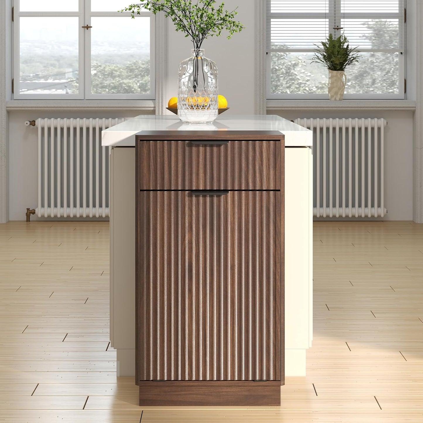 Tilt-Out Trash Cabinet with 10-Gallon Capacity, Walnut Laundry Hamper Cabinet, 34.3 x 19 x 13.8 inches, Wave-Textured Front.