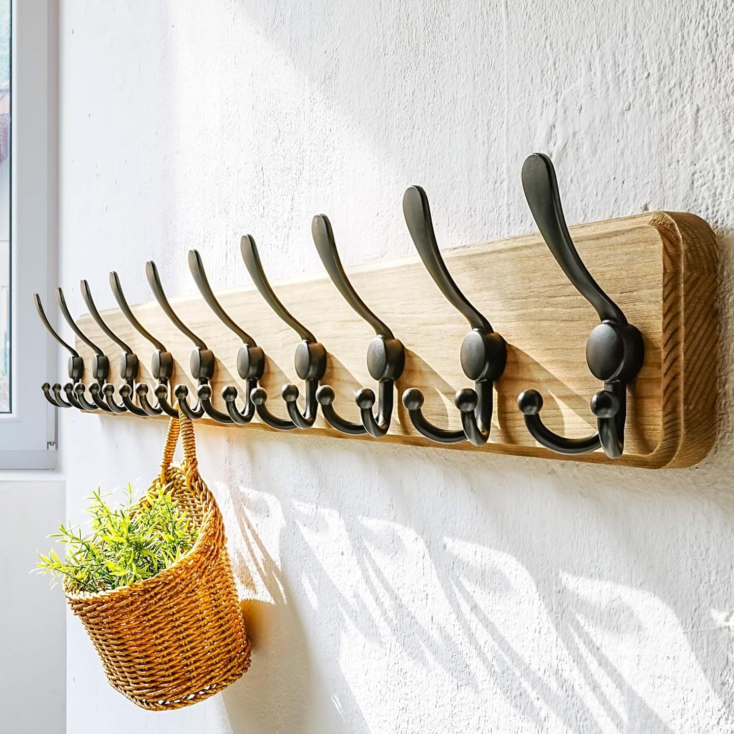Dseap Coat Rack Wall - Heavy-Duty 38-1/4" Long, with Reinforced 10 Custom Tri-Hooks, Solid Wood Wall Hanger for Coats Hat Jackets - Rustic Farmhouse Entryway Storage,Weathered Brown & Black,Pack of 2
