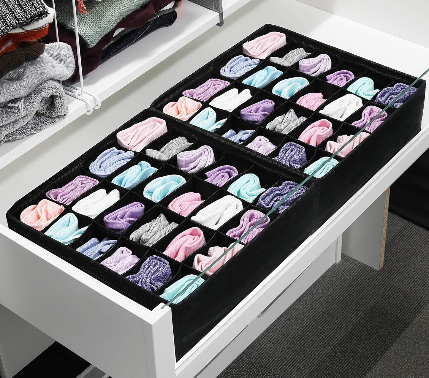 Simple Houseware 2 Pack Closet Sock Organizer, 24 Cell Drawer Divider, Black